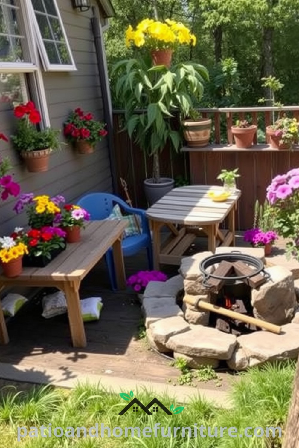 Charming backyard featuring a rustic wooden deck with colorful flowers, a sturdy picnic table, and a cozy fire pit, providing inspiring decor ideas for your home and unique outdoor designs for inviting gatherings, found at fireplacesandwoodstoves.com.