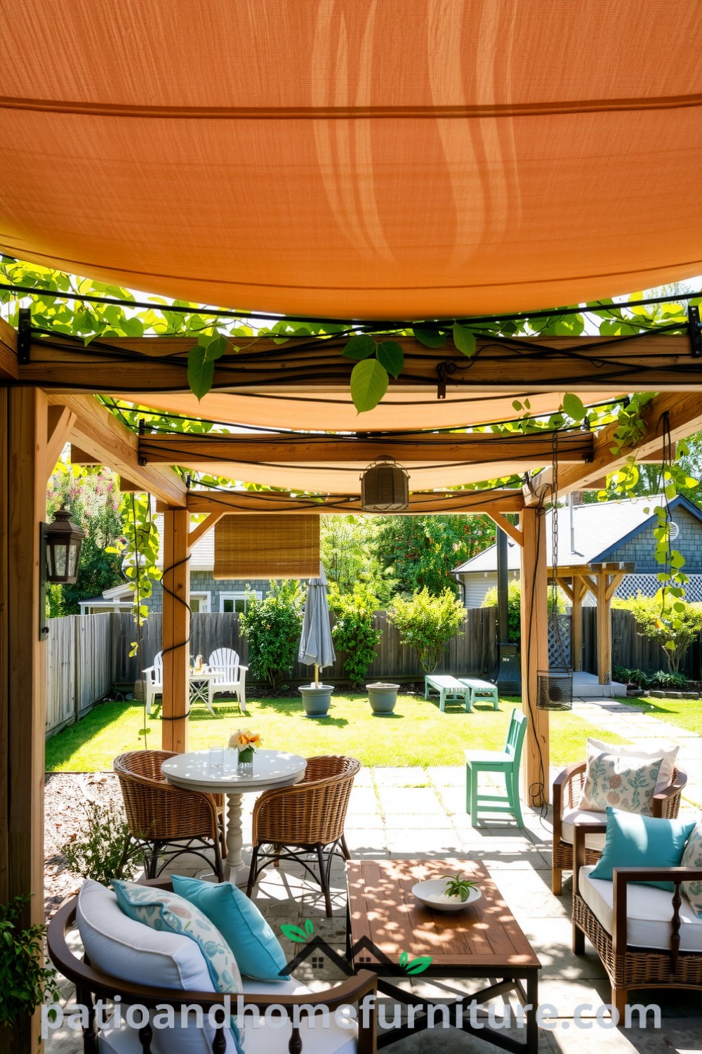 Retractable canopy pergola in a sunlit backyard with weathered wooden beams, climbing vines, and a rustic stone patio featuring mismatched furniture, illustrating cozy home decor ideas and inviting backyard design inspirations from fireplacesandwoodstoves.com.
