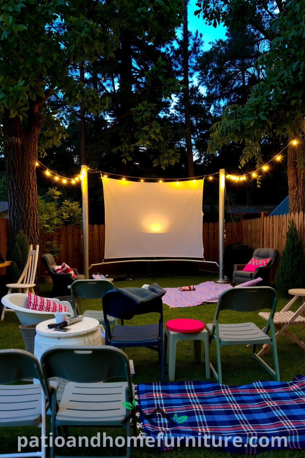Cozy backyard cinema nestled among tall trees with a makeshift screen, mismatched folding chairs, and fairy lights, creating an inviting atmosphere for outdoor movie nights, featured on fireplacesandwoodstoves.com.