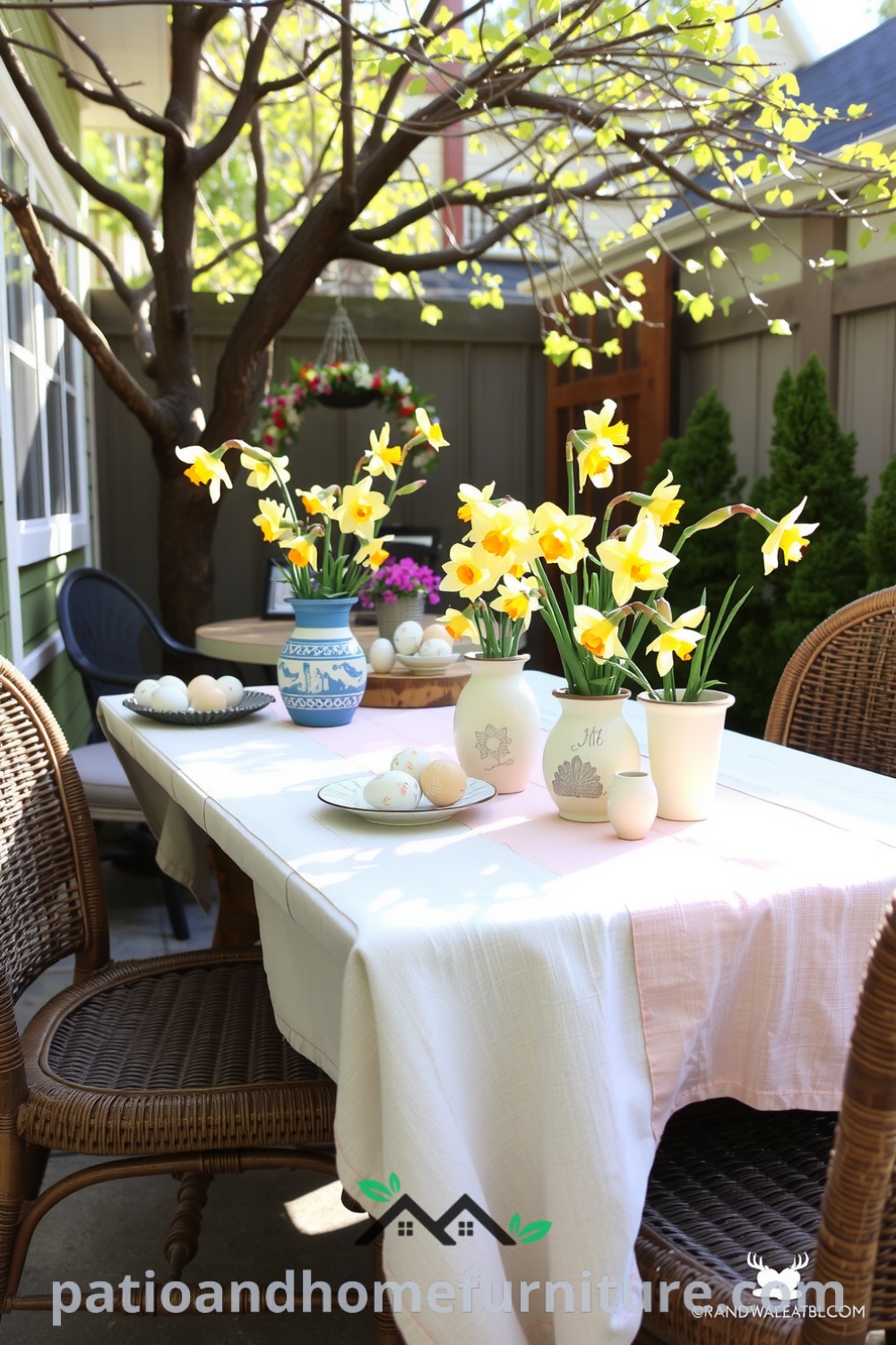 Patio adorned with charming Easter decor, featuring a weathered wooden table with a pastel linen tablecloth, hand-painted ceramic eggs, and vibrant daffodils in mismatched vases on cozy wicker chairs, perfect for enhancing your home with unique decor inspirations from fireplacesandwoodstoves.com.