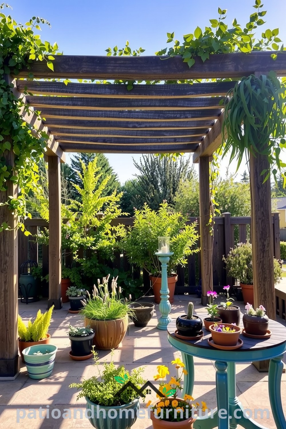 Freestanding pergola in a sun-drenched garden with weathered wooden beams covered in climbing vines, surrounded by vibrant potted herbs and wildflowers on a stone patio, creating a cozy atmosphere perfect for relaxing or gatherings. Visit fireplacesandwoodstoves.com for more cozy ideas.