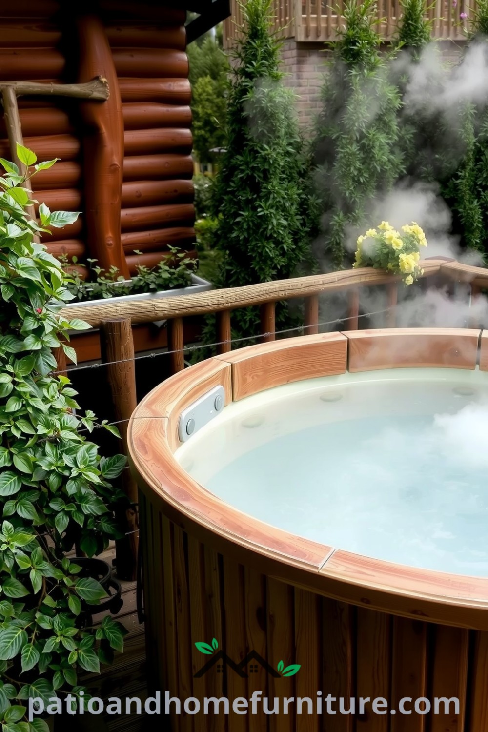 Traditional wooden hot tub on a deck surrounded by greenery, with steam rising and water rings visible, creating a cozy and inviting atmosphere for relaxation, featured on fireplacesandwoodstoves.com.