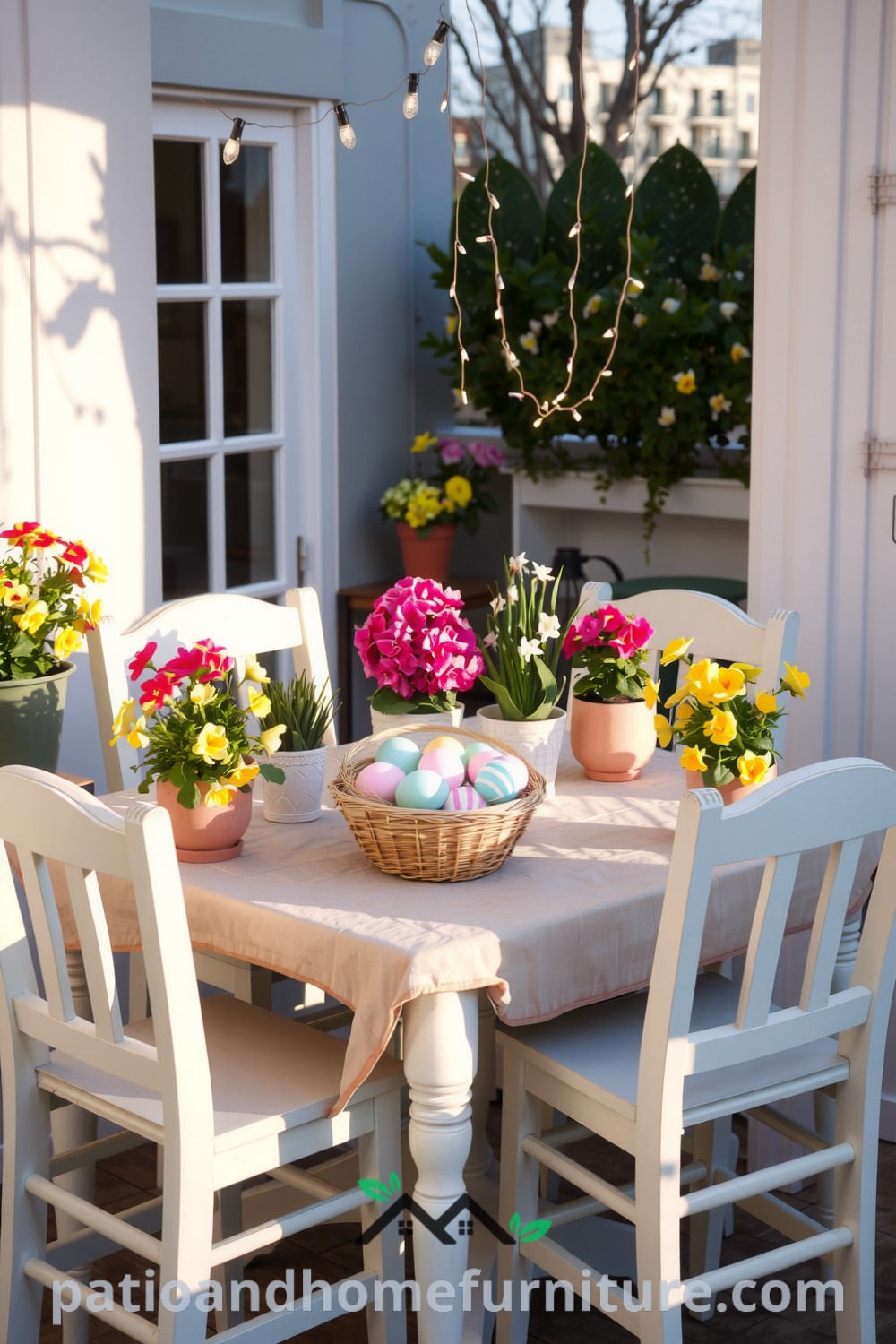Cozy patio decor with painted wooden chairs, a rustic table adorned with pastel eggs, vibrant geraniums and daffodils, and twinkling fairy lights, creating a warm atmosphere for gatherings. Website: fireplacesandwoodstoves.com.