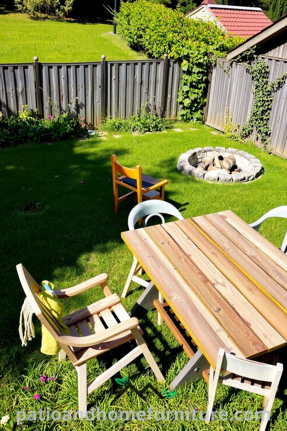 Sunlit backyard picnic area with a weathered wooden table and mismatched chairs surrounded by lush grass and wildflowers, featuring a stone fire pit and a fenced area with climbing vines, creating cozy outdoor design ideas for family gatherings. Visit fireplacesandwoodstoves.com for more cozy inspirations.