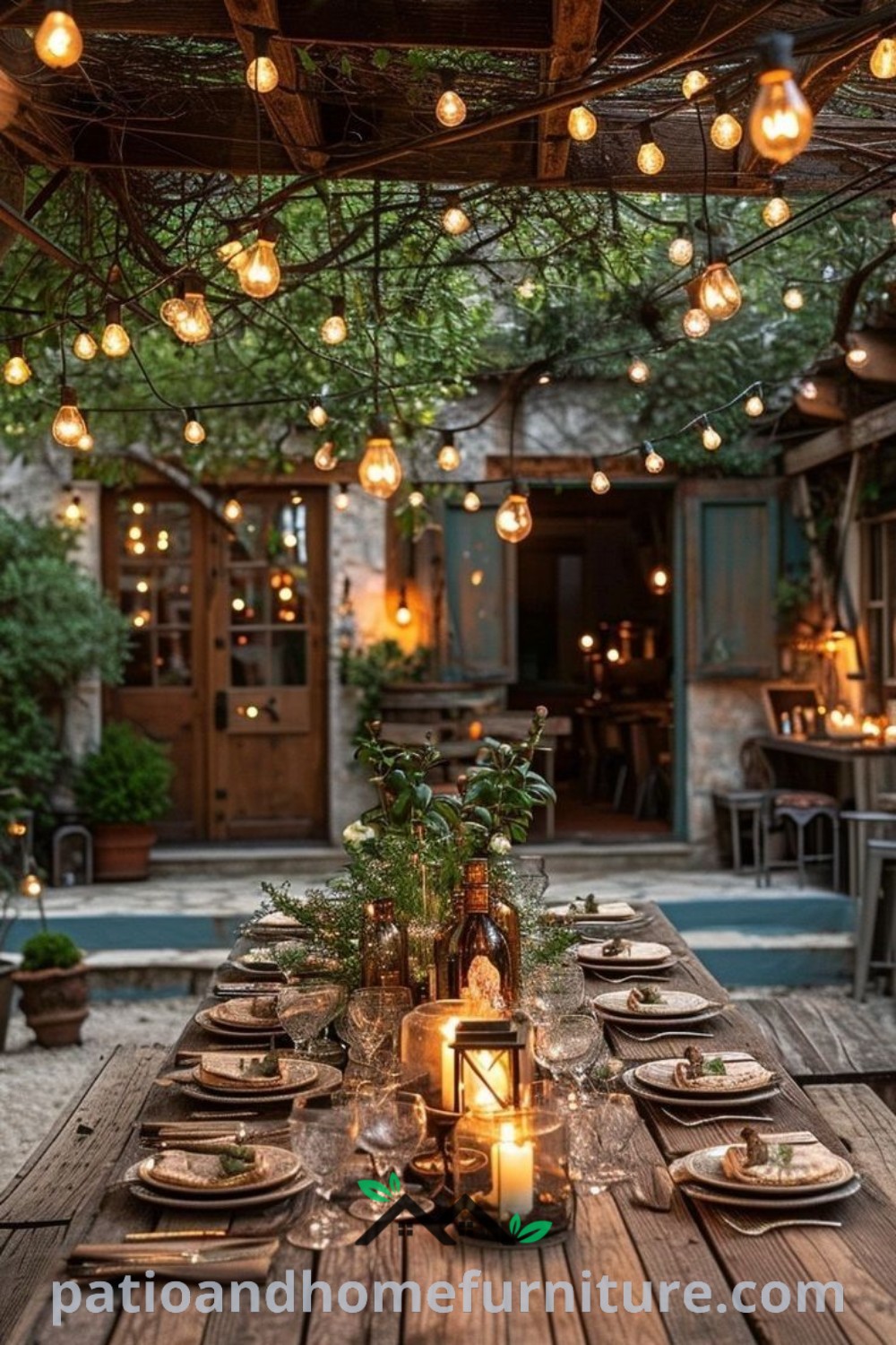 Cozy outdoor dining area featuring wooden tables, hanging lights, and vibrant greenery, providing inviting design inspirations for your home. Visit wellnesswink.com for unique ideas that transform your backyard into a charming retreat.