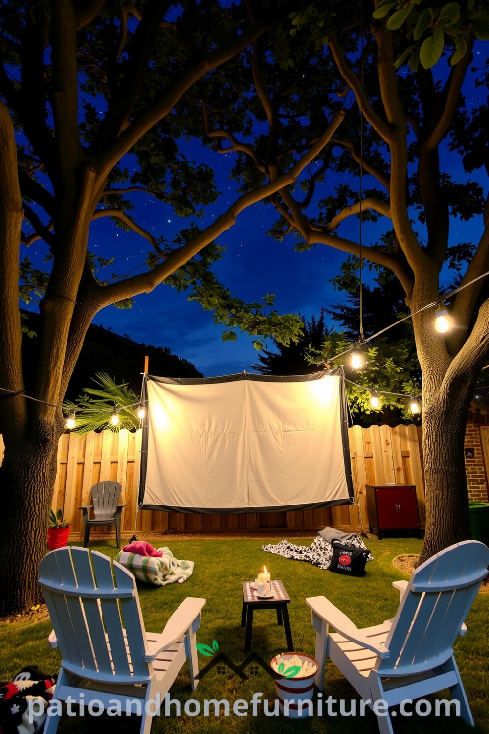 Cozy backyard cinema setup under the stars, featuring a canvas screen, projector light, lawn chairs, and blankets, creating a warm atmosphere perfect for family movie nights, as showcased on fireplacesandwoodstoves.com.