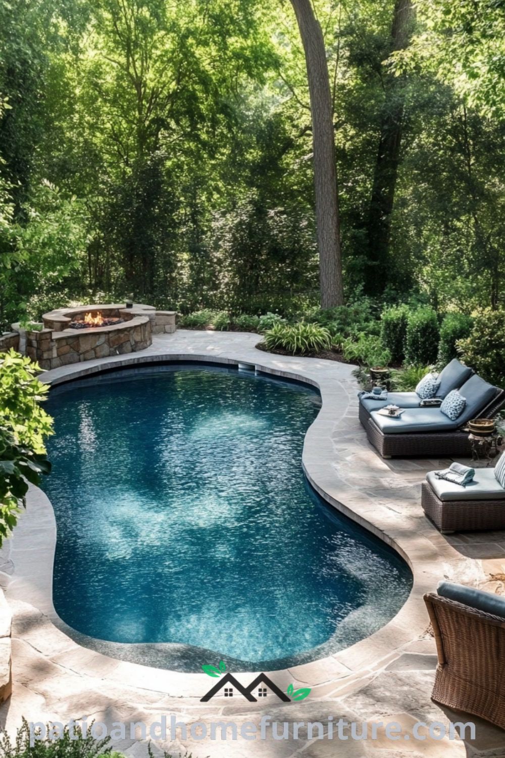 Elegant backyard oasis with an inground pool, cozy fire pit, and lush landscaping from patioandhomefurniture.com, showcasing modern pool design, outdoor living space inspirations, and pool patio ideas.