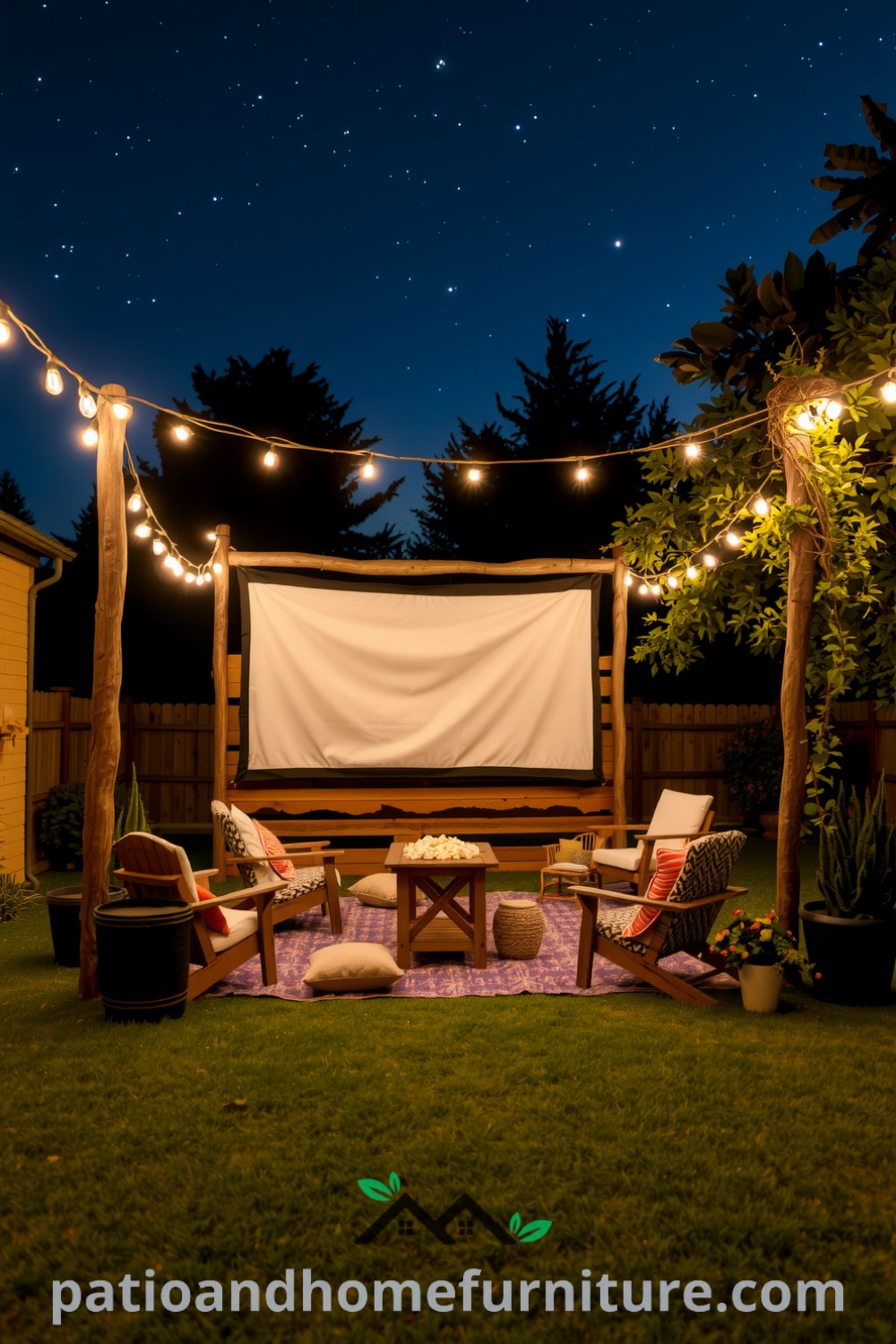 Backyard cinema setup with a wooden frame supporting a white screen, mismatched chairs, and blankets, adorned with string lights creating a cozy atmosphere, perfect for gatherings. Visit fireplacesandwoodstoves.com for cozy home ideas and decor inspirations.