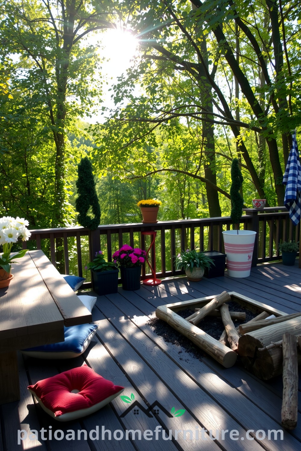 Outdoor gathering space with rustic wooden deck, potted flowers, a picnic table, mismatched cushions, and a fire pit, creating a cozy atmosphere perfect for relaxation and socializing, featured at fireplacesandwoodstoves.com.