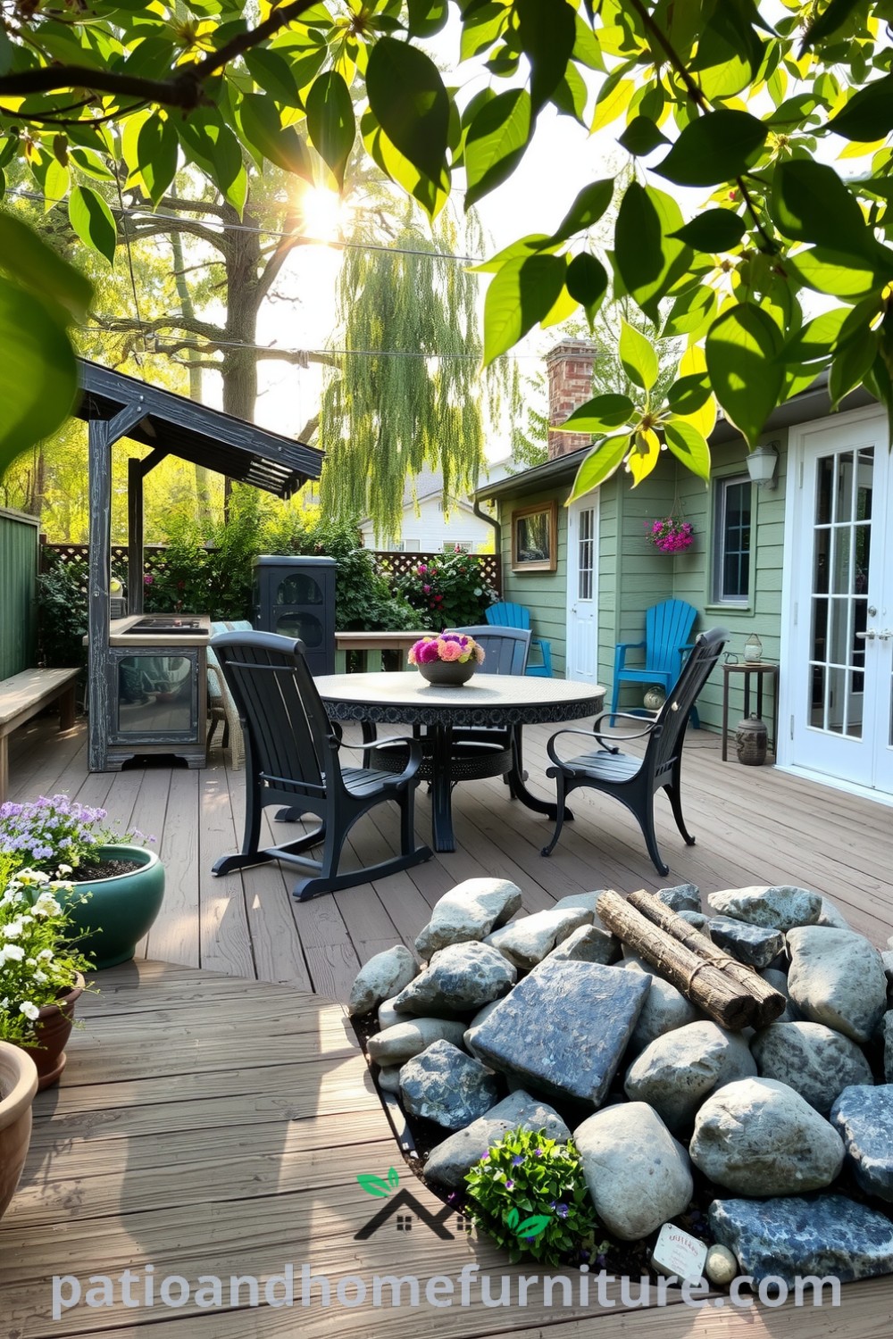 Backyard oasis with a weathered wooden deck surrounded by lush greenery and fragrant flowers, featuring a distressed metal table with mismatched chairs and a cozy fire pit, creating a serene space perfect for gatherings and relaxation, showcasing cozy ideas and unique decor inspirations for your home at fireplacesandwoodstoves.com.