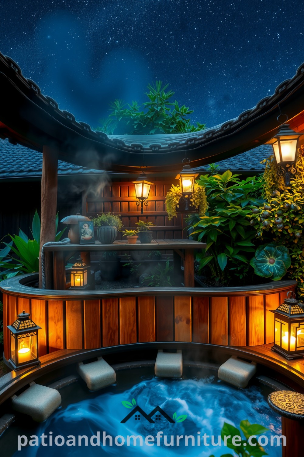 Wooden hot tub in a lush garden surrounded by greenery, illuminated by lanterns, with steam rising from the water, creating a cozy and serene atmosphere, ideal for relaxation, featuring inspiring decor ideas from fireplacesandwoodstoves.com.