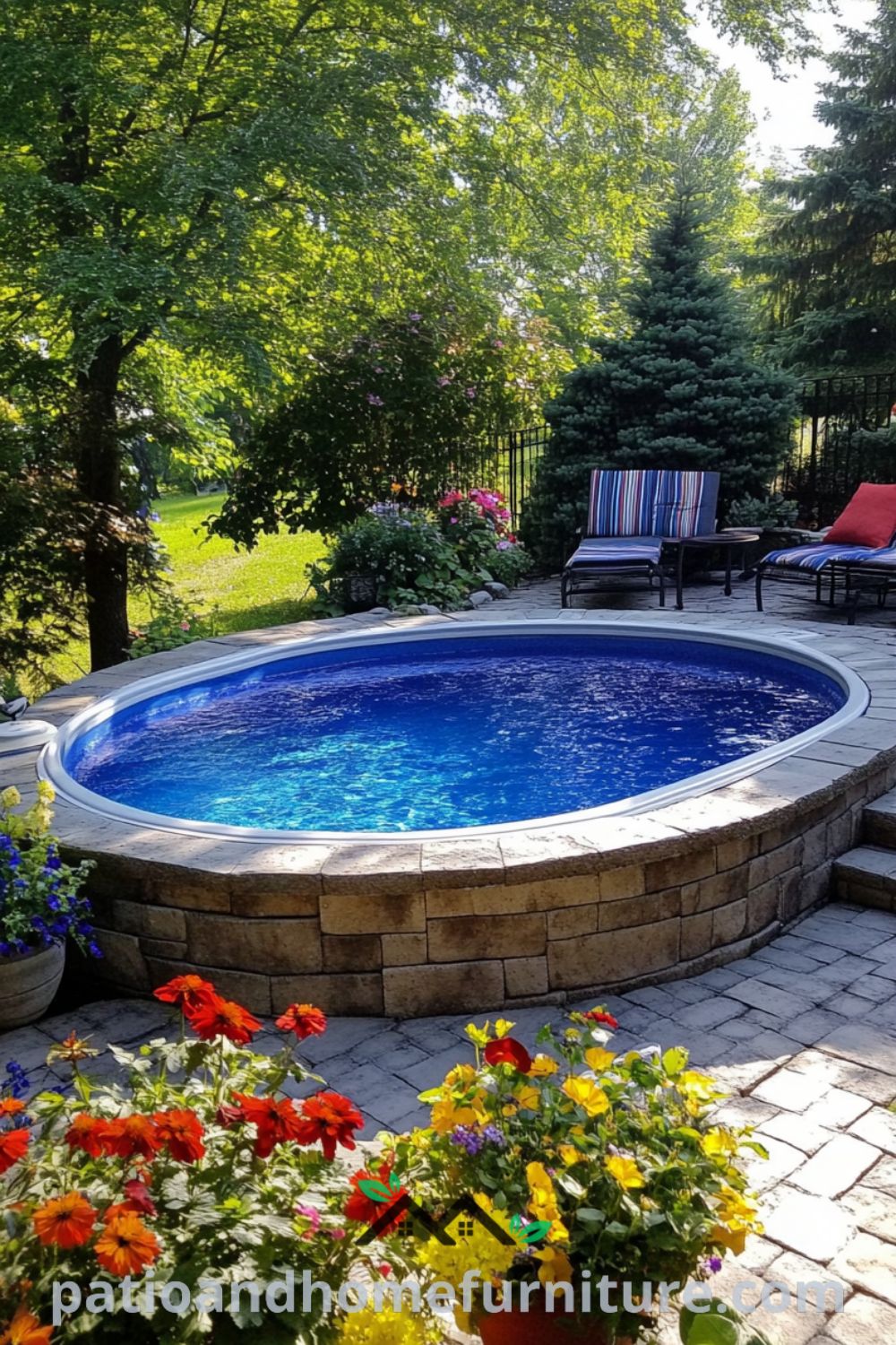 Inviting backyard oasis design with an above ground pool, vibrant landscaping, cozy fire pit, and lounge chairs from patioandhomefurniture.com, showcasing beautiful backyard pool ideas and inspirations for an outdoor living space.