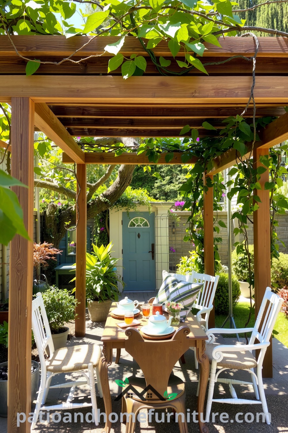Cozy garden pergola adorned with climbing vines, featuring a rustic wooden table set for afternoon tea with mismatched chairs, creating a serene retreat, perfect for relaxation and inspired decor ideas. Visit fireplacesandwoodstoves.com for unique ideas to enhance your cozy home.