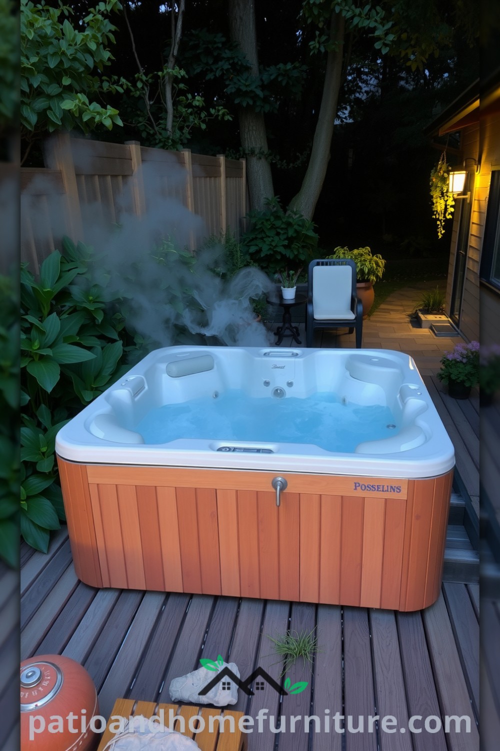 Cozy hot tub surrounded by lush greenery on a weathered wooden deck with steam rising in the evening air, offering design ideas for creating a relaxing outdoor oasis, perfect for your home, from fireplacesandwoodstoves.com.