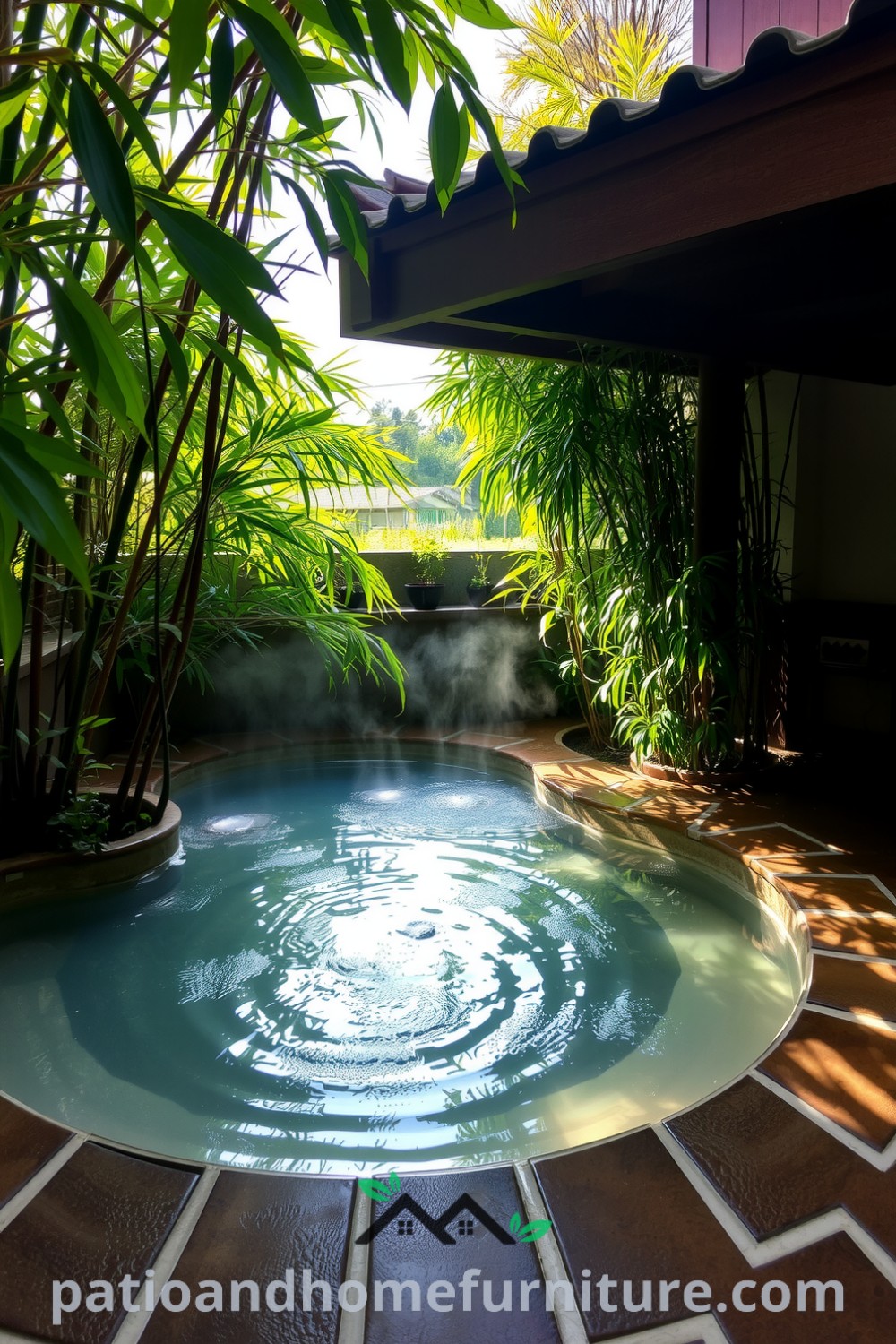 Japanese soaking hot tub nestled in a bamboo garden with natural stone tiles, warm water reflecting sunlight, surrounded by lush greenery, promoting a cozy home retreat with inspiring decor ideas from fireplacesandwoodstoves.com.