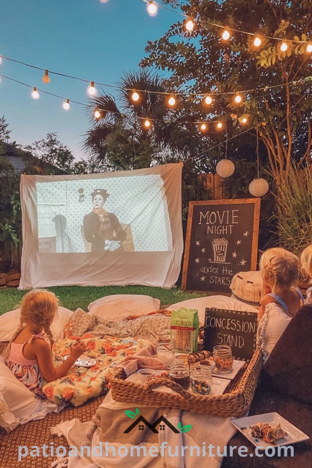 Children sitting on the grass watching a family-friendly movie on an outdoor projector screen, surrounded by cozy decor ideas with blankets and cushions, creating a whimsical atmosphere for an unforgettable evening, wellnesswink.com.