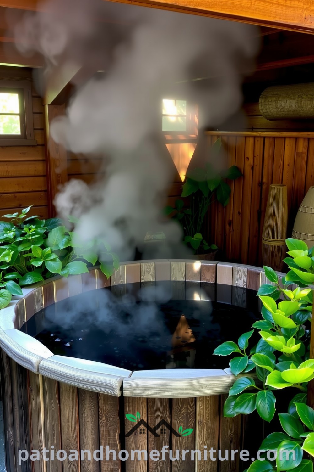 Traditional wooden hot tub on a cozy deck surrounded by lush greenery, with steam rising into the crisp air, creating an inviting and relaxing atmosphere, showcasing unique ideas for outdoor decor at fireplacesandwoodstoves.com.