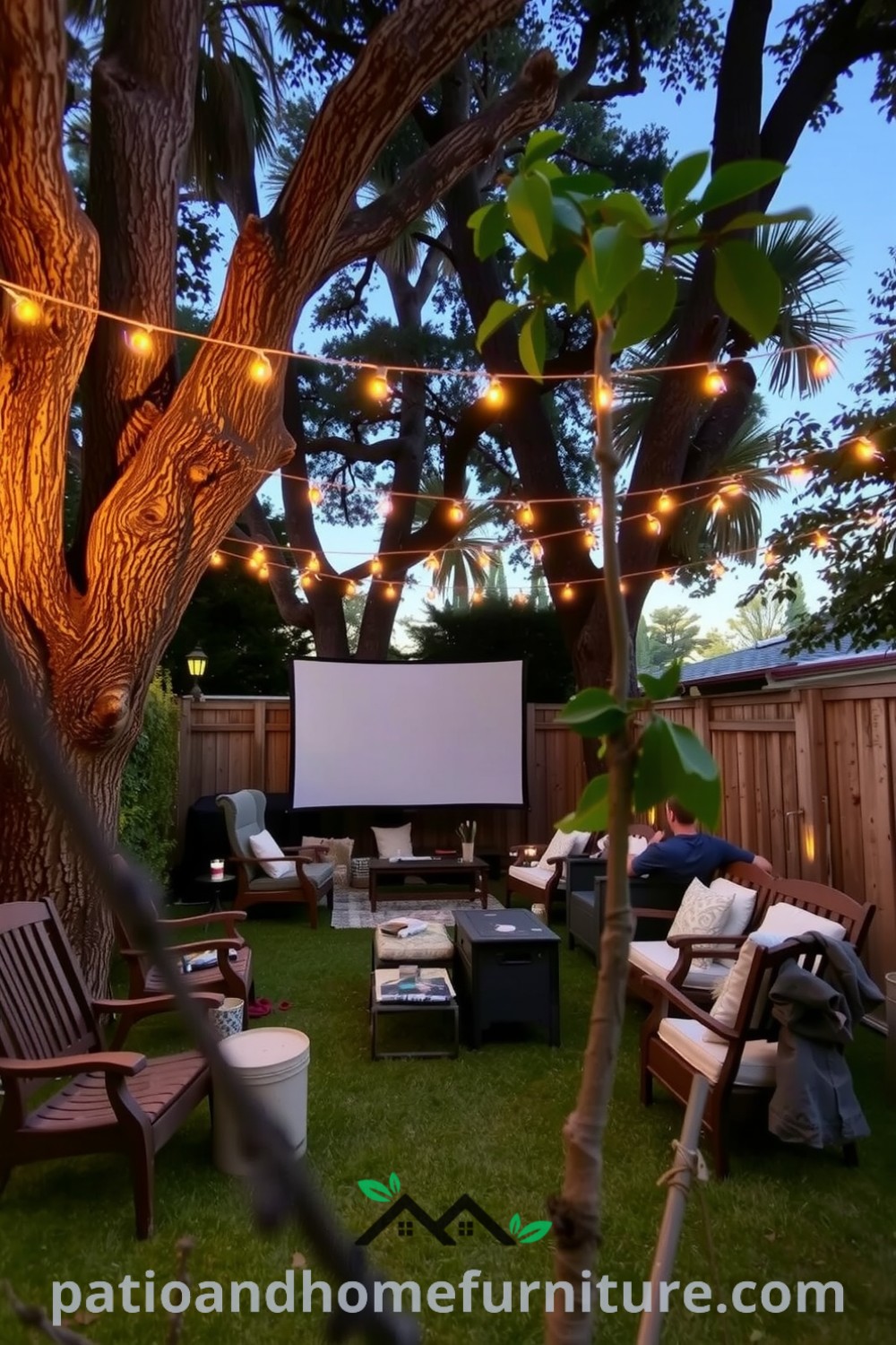 Backyard cinema under fairy lights with mismatched chairs and cushions on grass, featuring a weathered screen against a wooden fence, creating a cozy home ambiance; ideal decor ideas for movie nights at fireplacesandwoodstoves.com.
