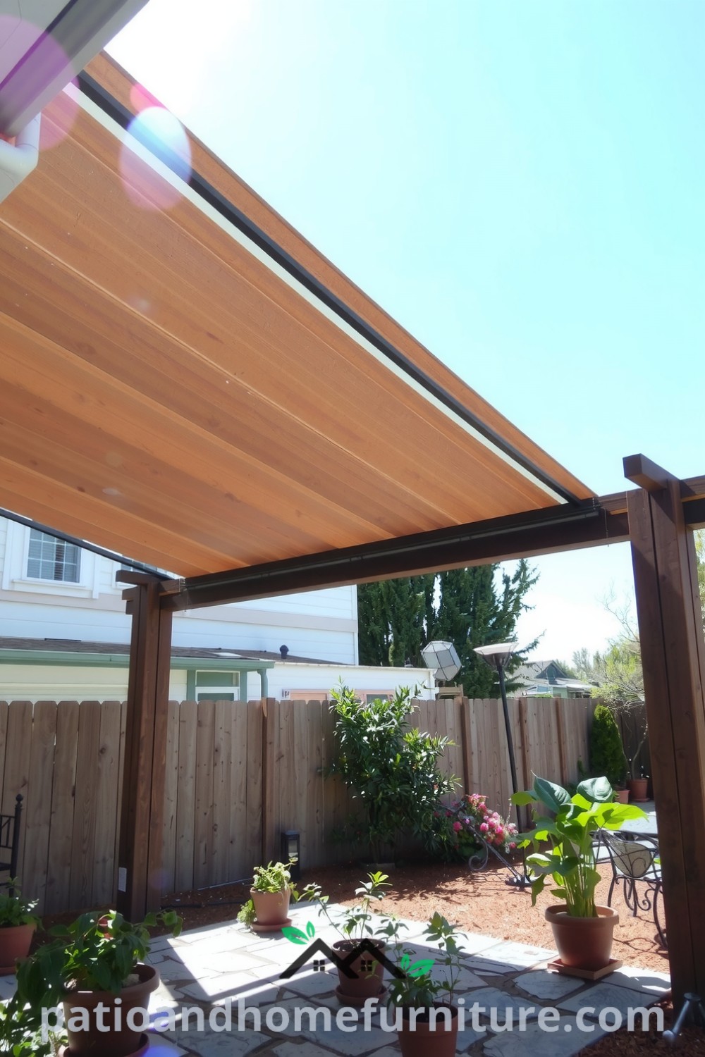 Sleek retractable canopy pergola in a sun-dappled backyard with weathered wooden beams and a partially opened fabric canopy casting shadows on a stone patio, surrounded by vibrant potted plants, offering cozy design ideas for your home. Visit fireplacesandwoodstoves.com for more inspiring decor ideas.