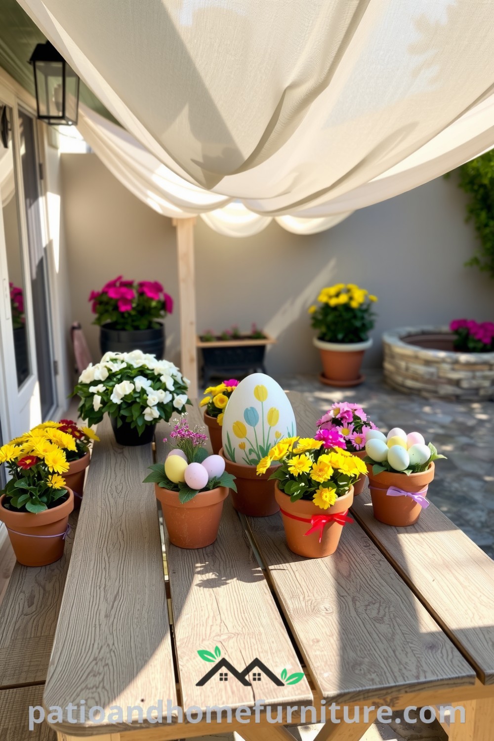 Patio adorned with pastel eggs and vibrant flowers in terracotta pots, featuring a weathered wooden table and hand-painted centerpiece, creating a cozy and inviting atmosphere for family gatherings, seen on fireplacesandwoodstoves.com.