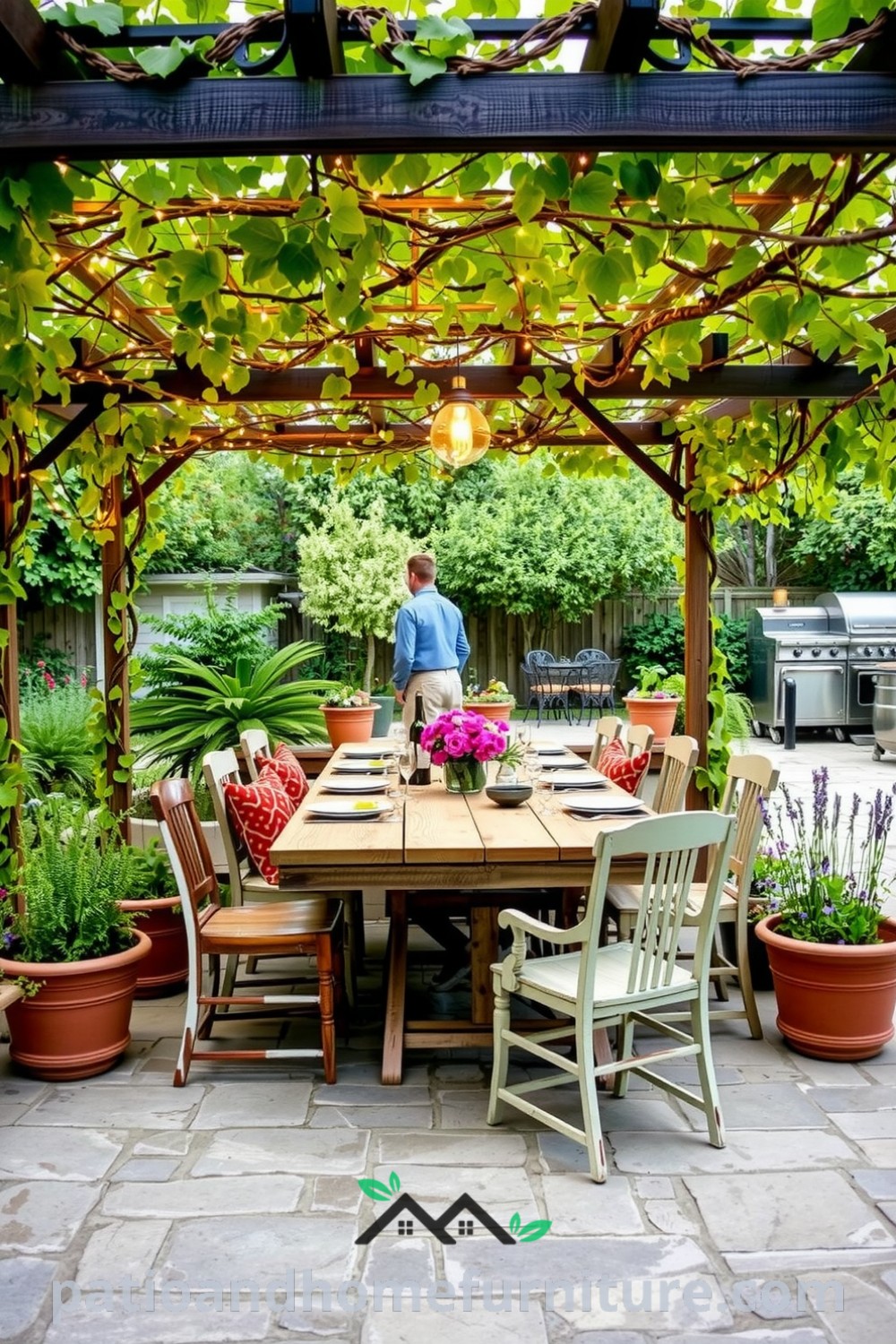 Cozy outdoor dining area under a grapevine pergola, featuring a rustic wooden table with mismatched chairs, potted herbs, and wildflowers, illuminated by twinkling lights, offering unique ideas for your home at fireplacesandwoodstoves.com.