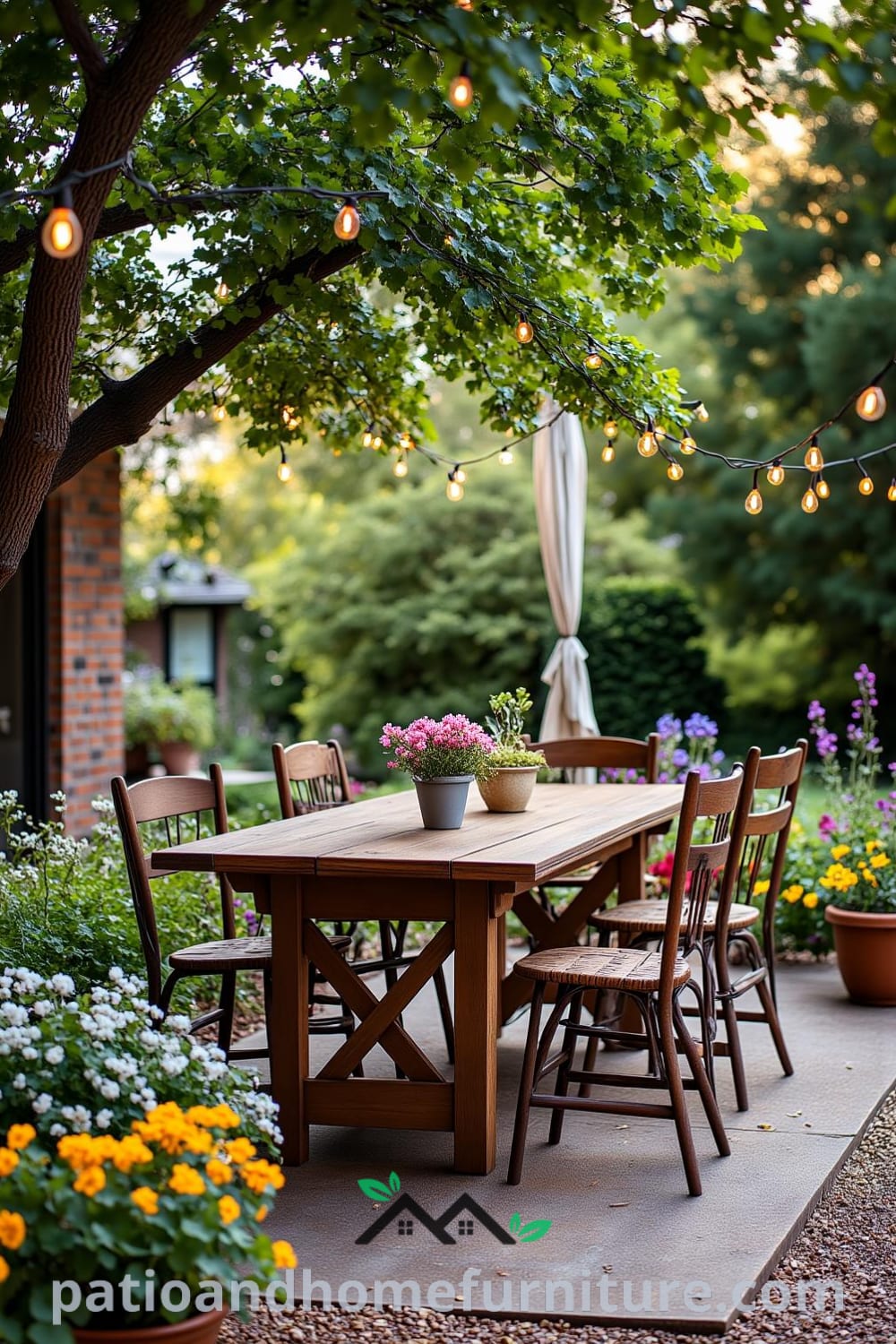 Cozy backyard dining area with a wooden table, mismatched chairs, warm string lights, and vibrant flower beds, creating an inviting atmosphere for gatherings, showcasing unique decor ideas for your home at fireplacesandwoodstoves.com.