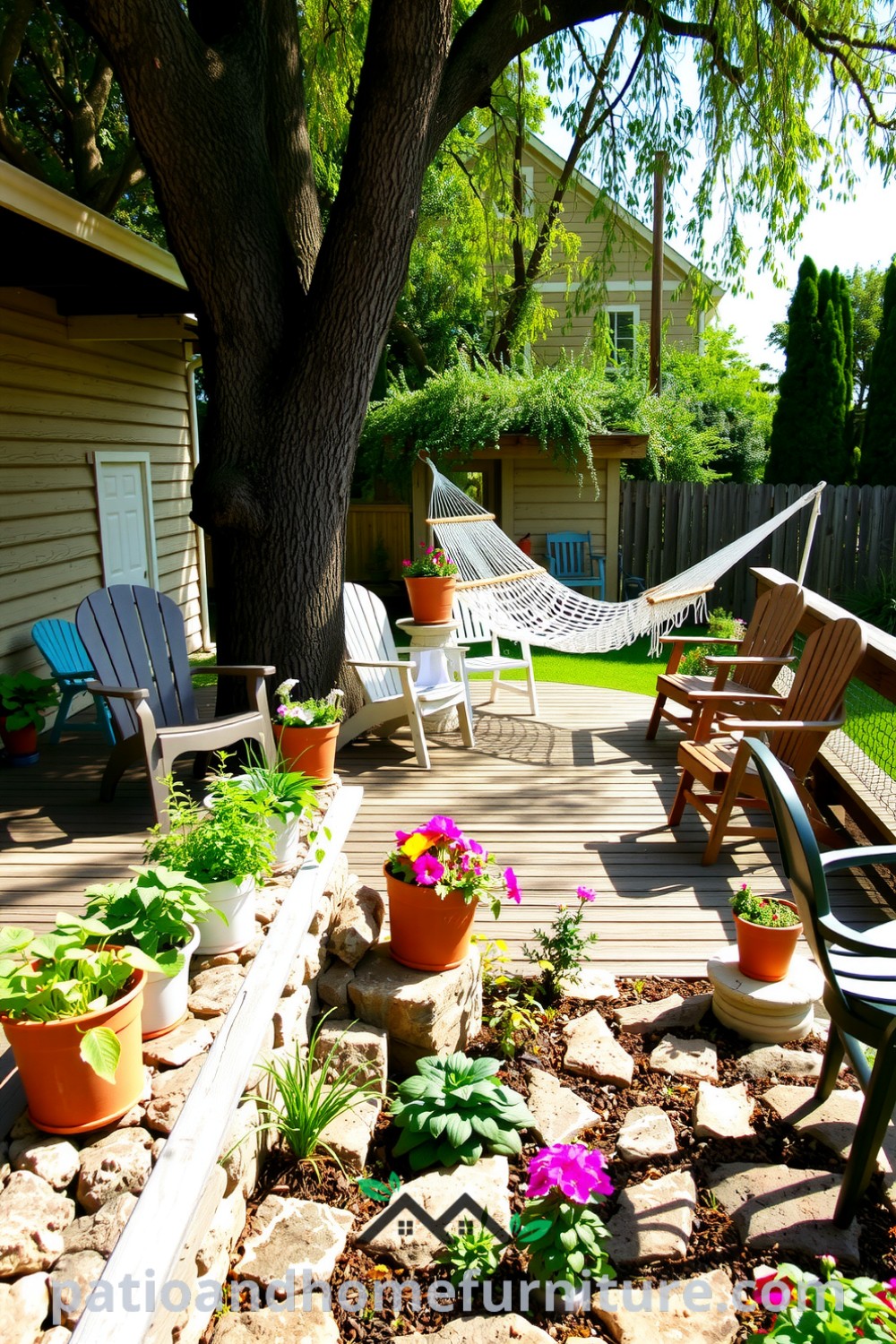 A serene backyard retreat with a weathered deck, mismatched chairs, vibrant flowers, and a hammock between trees, perfect for relaxation and gatherings with friends and family, showcasing cozy ideas for inspired outdoor decor. Visit fireplacesandwoodstoves.com for more design inspirations.