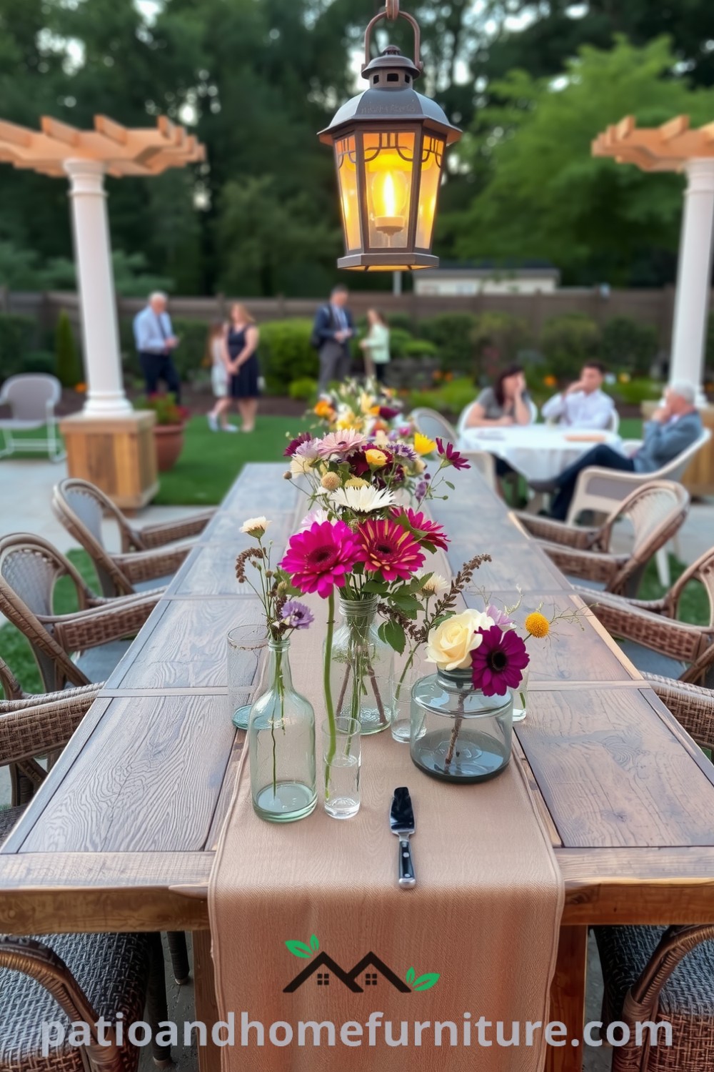 Outdoor patio table with reclaimed wood, decorated with wildflower centerpieces in mismatched vases, surrounded by weathered wicker chairs and soft lantern lighting, offering cozy ideas for celebrations and designs for your home at fireplacesandwoodstoves.com.