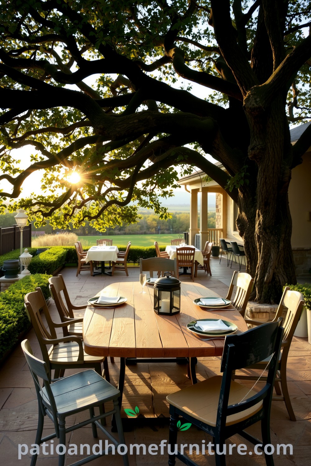 Outdoor dining area beneath a sprawling oak tree featuring a textured wooden table, elegant dishware, and mismatched wooden chairs, creating a cozy atmosphere perfect for gatherings, with design ideas for your home from fireplacesandwoodstoves.com.