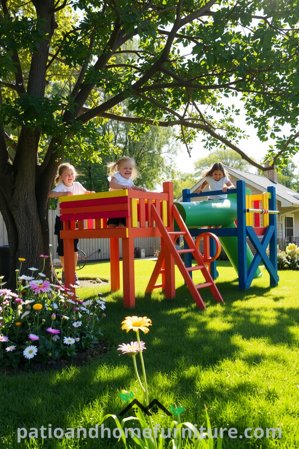 Vibrant backyard with colorful climbing structures made of sun-bleached wood, children playing, surrounded by wildflowers, and playful shadows, showcasing cozy ideas and decor inspirations for creating a lively outdoor escape on fireplacesandwoodstoves.com.