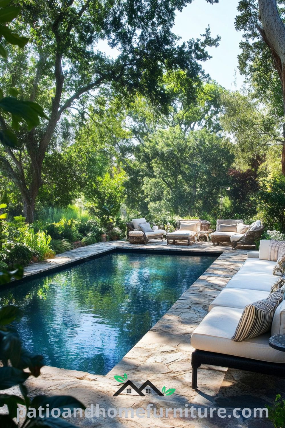 Backyard oasis with a shimmering pool, worn stone patio, and lush greenery, featuring a cozy seating area with faded cushions, perfect for afternoon gatherings; inspiring cozy home design ideas from fireplacesandwoodstoves.com.