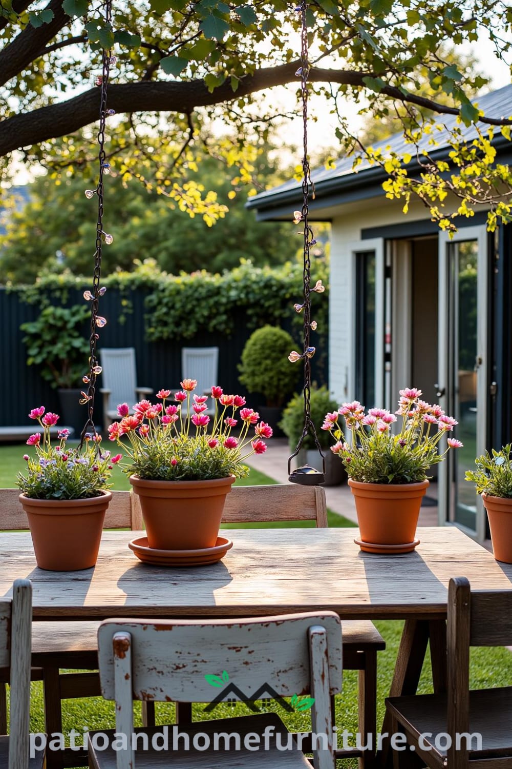Backyard dining area featuring a weathered wooden table surrounded by mismatched chairs, wildflowers in terracotta pots, twinkling fairy lights, and an inviting swing, creating a cozy outdoor space perfect for gatherings and relaxation. Website: fireplacesandwoodstoves.com. Cozy ideas for home decor and inspired designs.