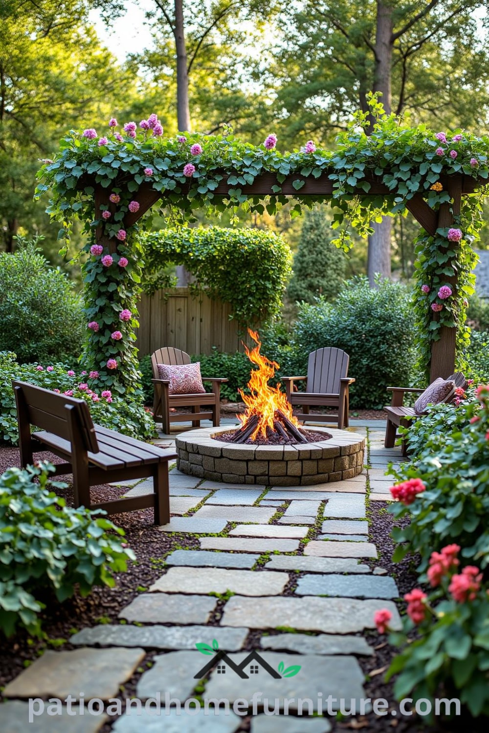 Charming backyard scene with a cozy fire pit, surrounded by mismatched wooden benches and lush greenery, featuring a winding stone path and rustic trellis, providing inspiring outdoor decor ideas perfect for creating a cozy home atmosphere, visit fireplacesandwoodstoves.com.