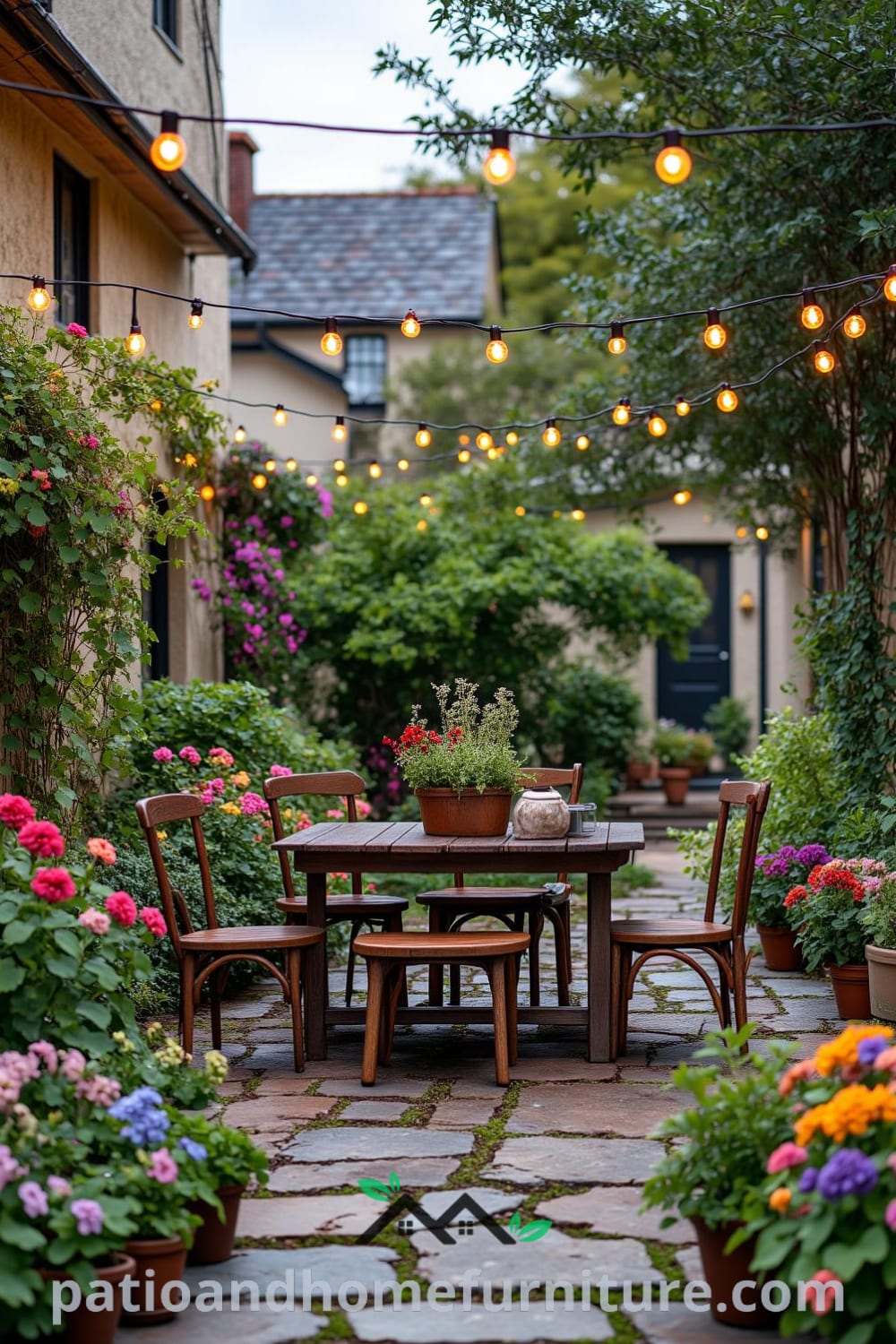 Charming backyard with a rustic wooden deck, mismatched chairs, colorful potted herbs and flowers, and warm fairy lights overhead, creating a cozy and inviting gathering space. Discover more cozy ideas at fireplacesandwoodstoves.com.