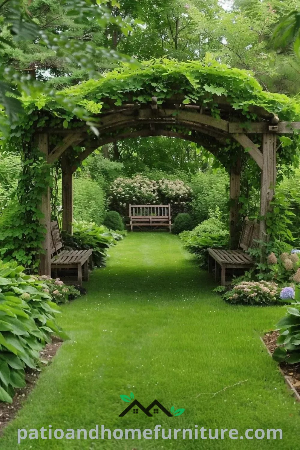 Cozy wooden bench under a greenery-covered pergola with flowers in a lush green lawn, creating a tranquil garden retreat, showcasing unique ideas for outdoor spaces at wellnesswink.com.