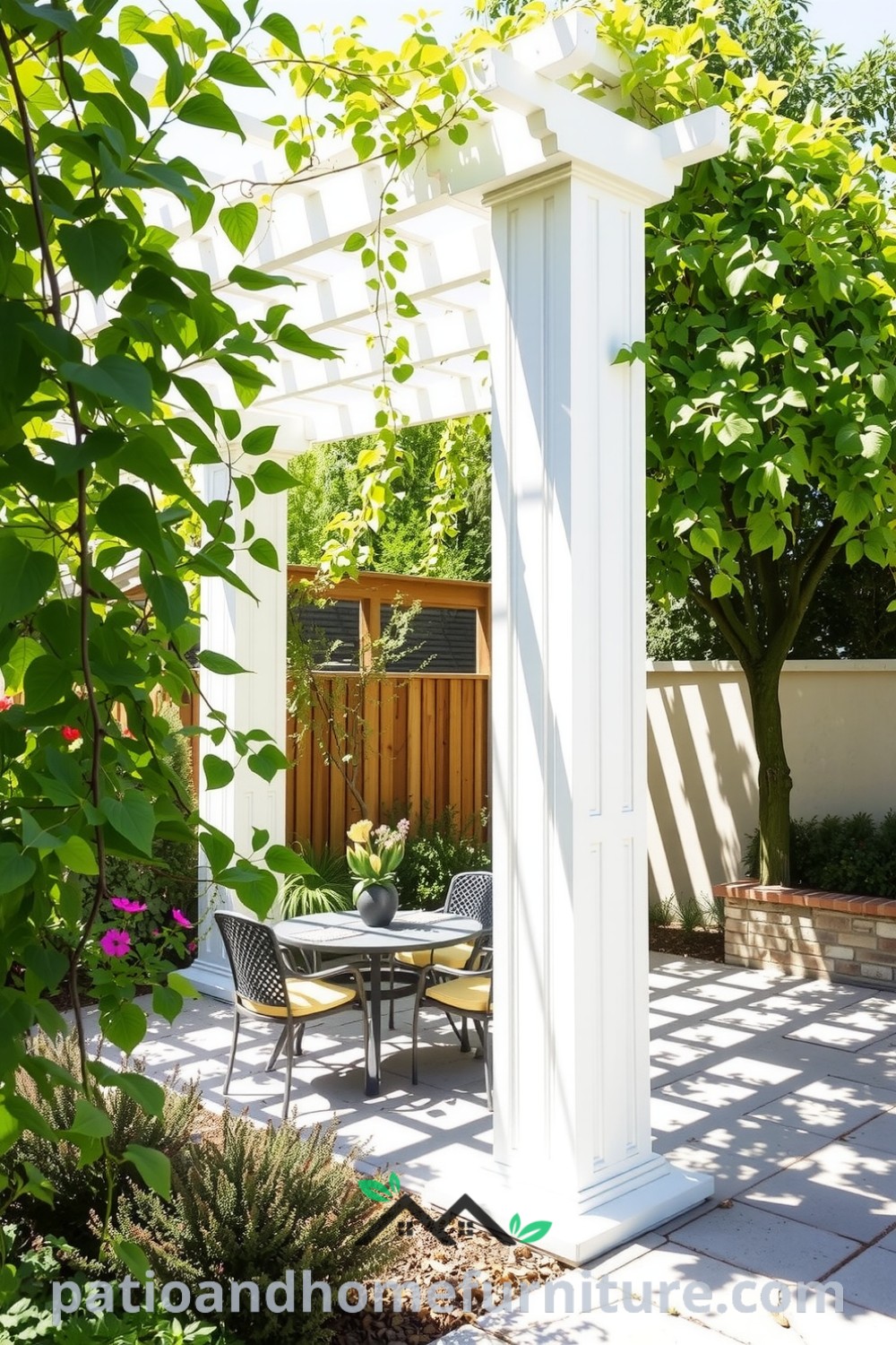 Beautiful garden pergola with smooth white columns and a lattice roof, surrounded by climbing vines and a cozy dining set on a stone patio, providing a serene escape; perfect for cozy home decor ideas and inspirations from fireplacesandwoodstoves.com.