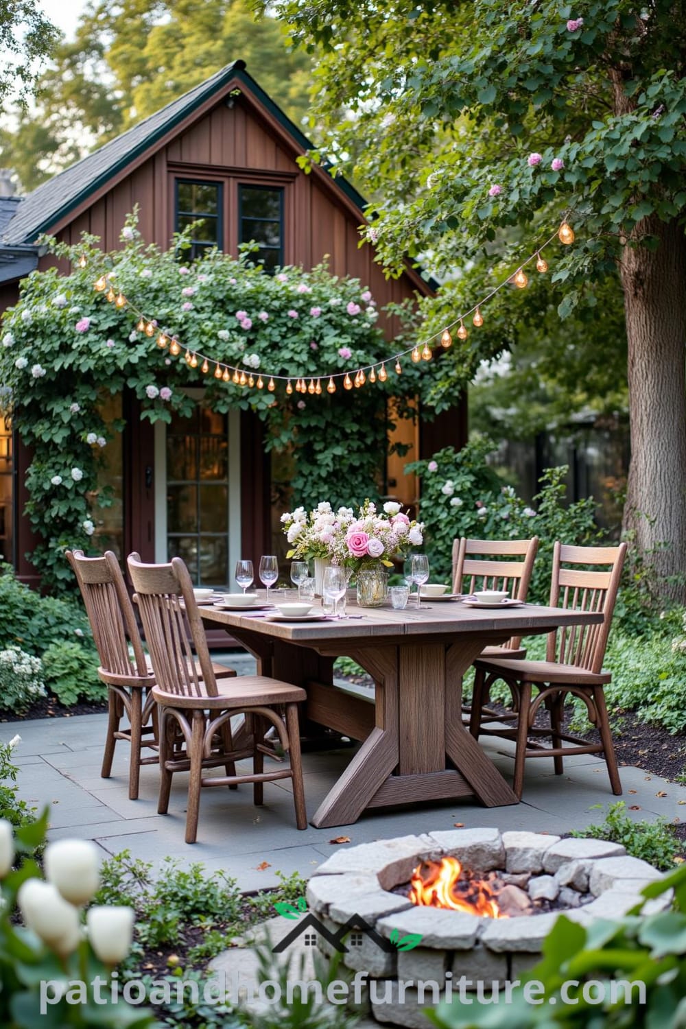 Cozy outdoor dining setup featuring a weathered wooden table, mismatched chairs, string lights, and a fire pit decorated with stones, perfect for creating warm summer evenings, inspiring cozy ideas and decor inspirations for your home at fireplacesandwoodstoves.com.