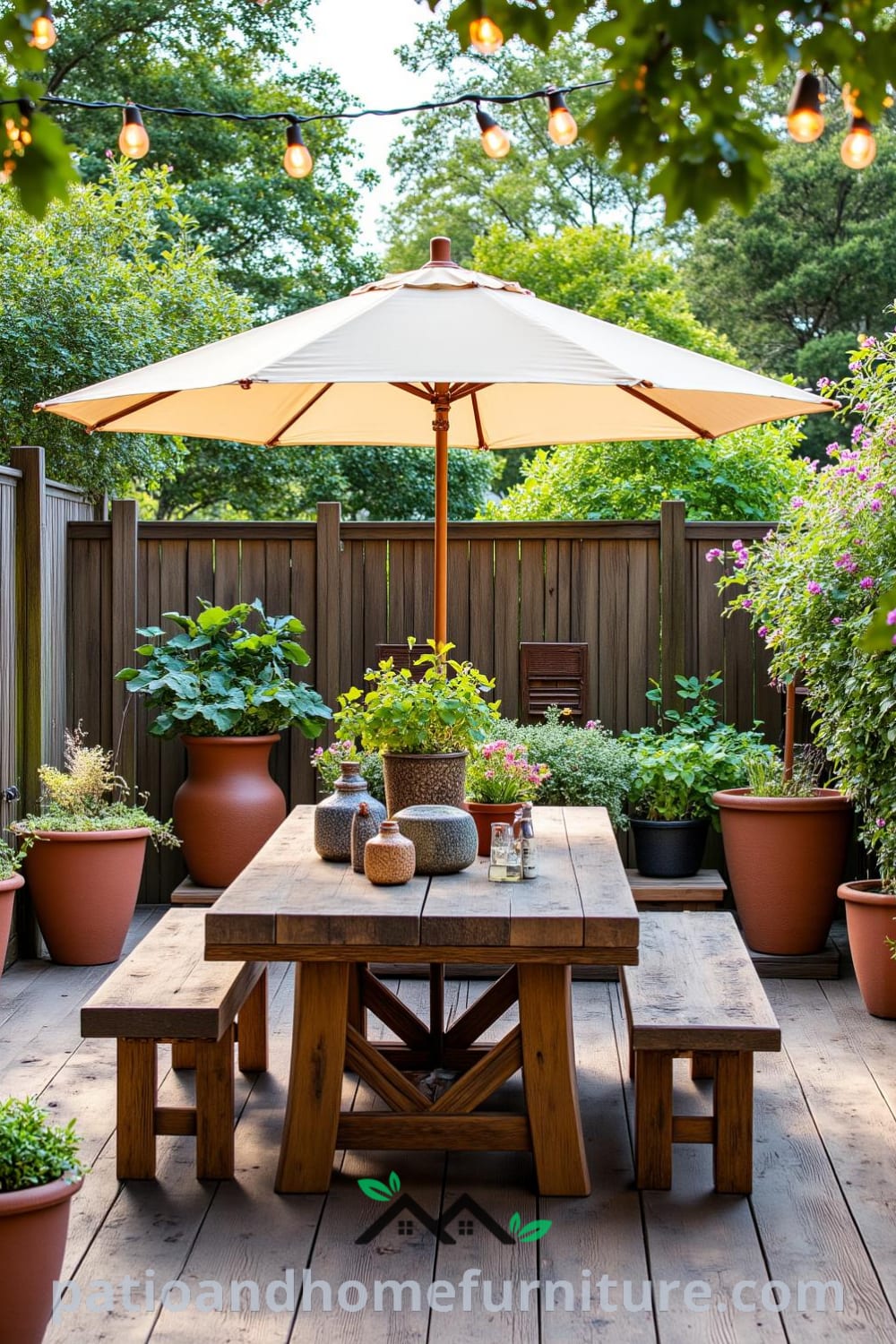 Backyard featuring a weathered wooden deck with potted herbs and vibrant flowers, a reclaimed wood dining table under a canvas umbrella, and twinkling string lights, creating a cozy ambiance, ideal for gatherings and relaxation, showcasing unique ideas for your home at fireplacesandwoodstoves.com.