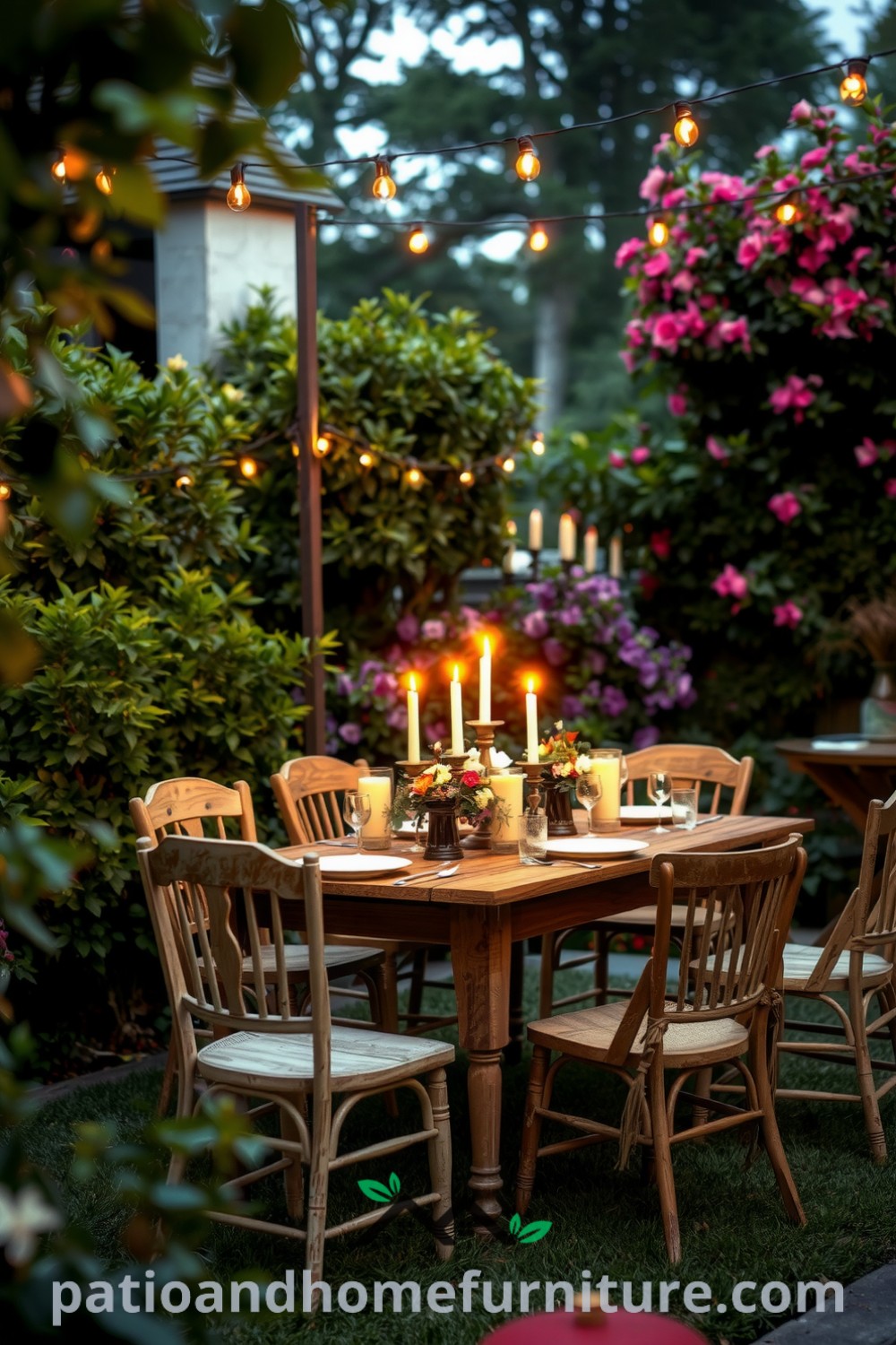 A romantic outdoor dining setup with a rustic wooden table, flickering candles, mismatched chairs, and lush greenery, enhanced by twinkling fairy lights, creating an intimate atmosphere ideal for cozy evenings. Visit fireplacesandwoodstoves.com for more unique decor ideas.