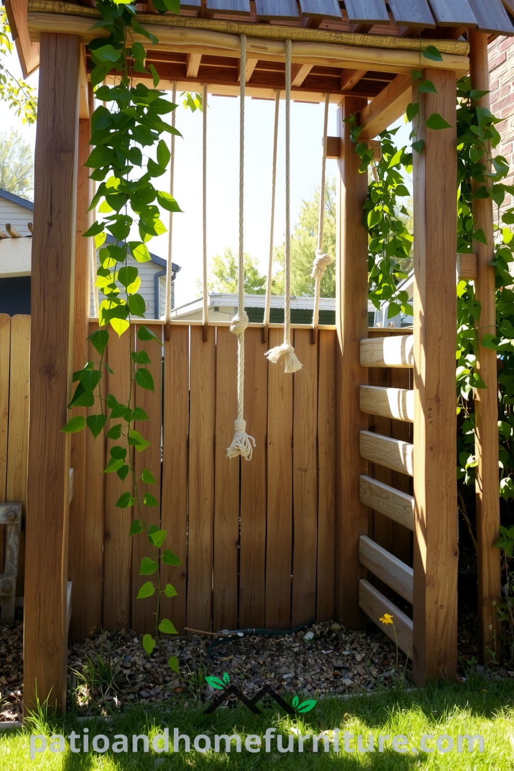 Wooden climbing structure in a sunlit backyard with climbing vines, weathered ropes, and a worn grass patch, inviting children to play and explore, inspiring cozy and adventurous outdoor design ideas for your home, featured at fireplacesandwoodstoves.com.