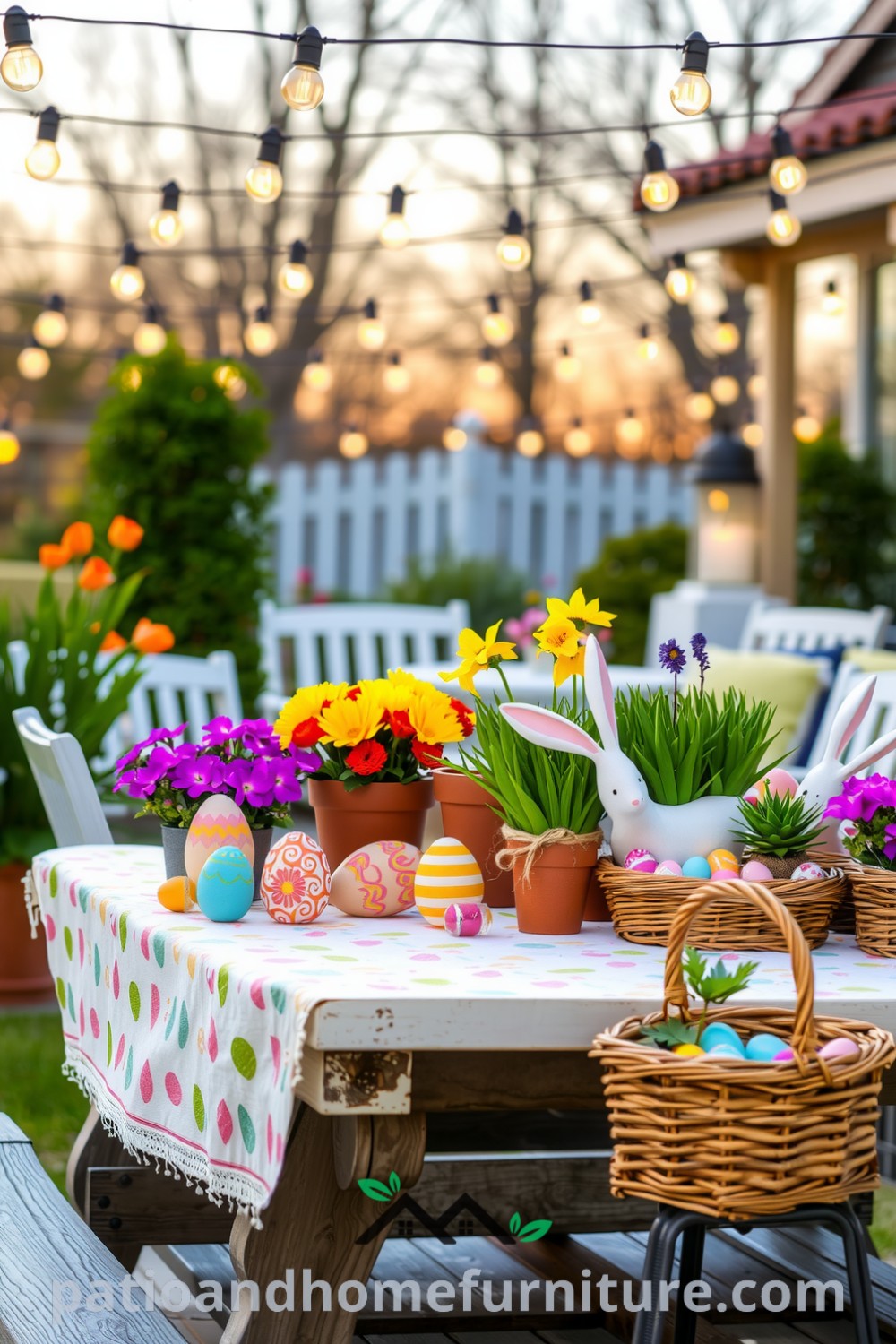 Cozy Easter patio decor featuring hand-painted wooden eggs, vibrant blooms in terracotta pots, a weathered picnic table with a pastel tablecloth, and wicker baskets filled with candies and flowers, all illuminated by twinkling lights, creating an inviting atmosphere for family gatherings. Visit fireplacesandwoodstoves.com for more inspiring ideas.