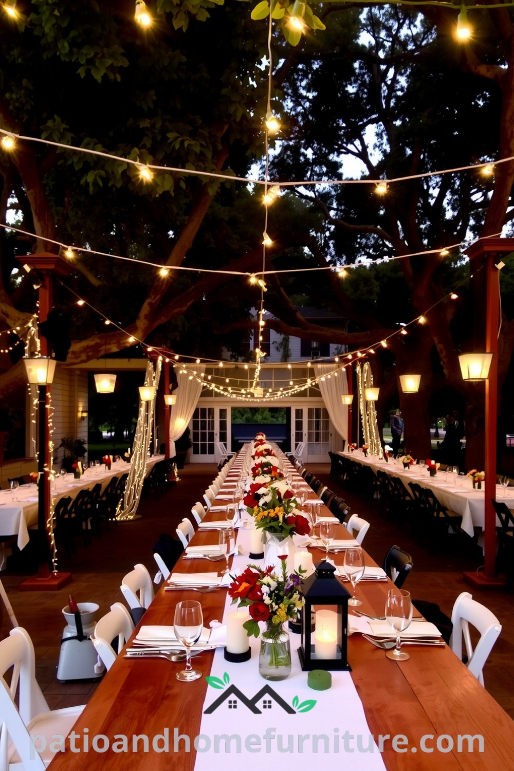 Outdoor dinner party setup with twinkling fairy lights, a long wooden table adorned with white linens and seasonal flowers in mismatched vases, creating a cozy and inviting atmosphere perfect for gatherings, seen at fireplacesandwoodstoves.com.