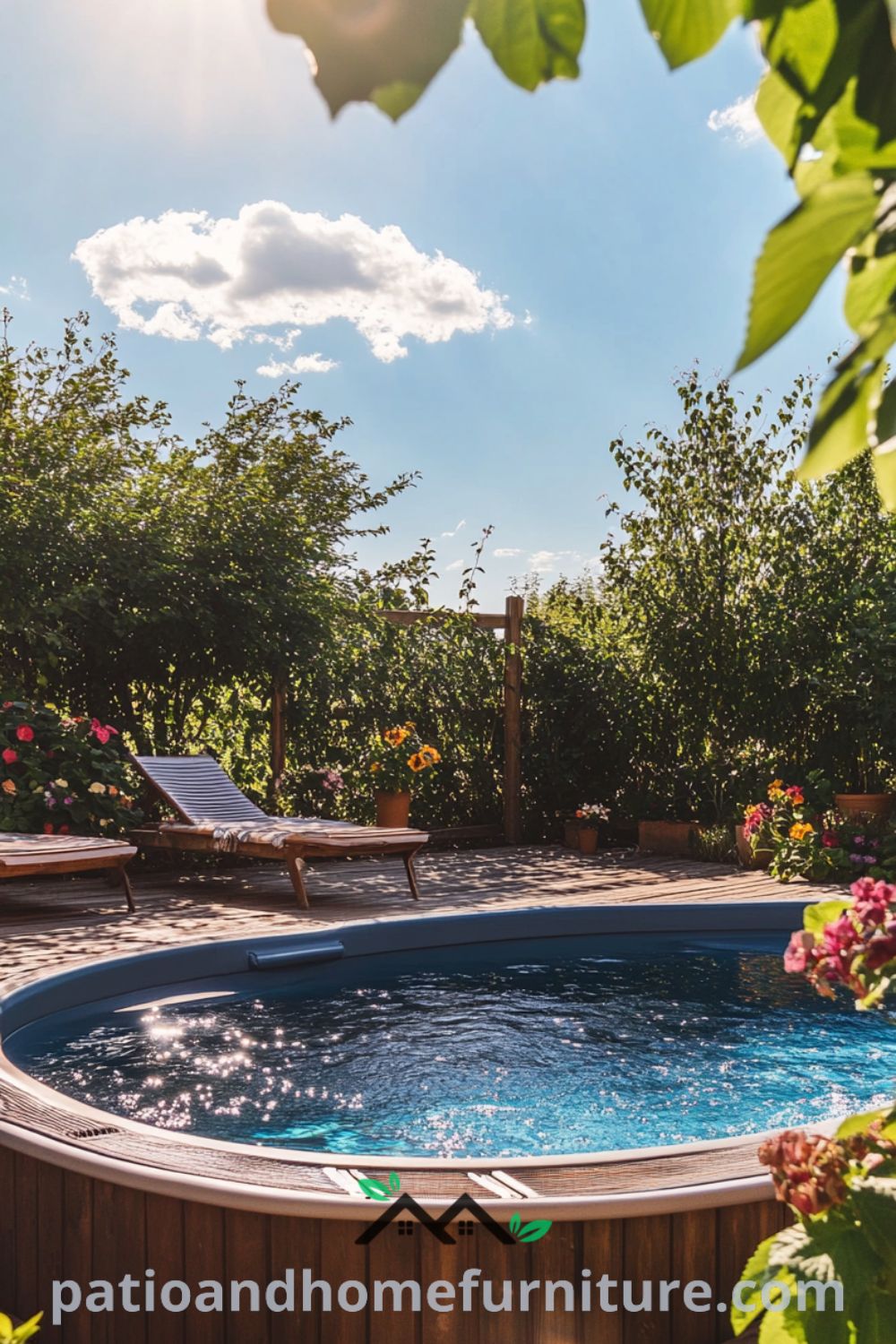 Inviting above ground pool oasis from patioandhomefurniture.com featuring lush landscaping, cozy loungers, and outdoor living space for a summer retreat.