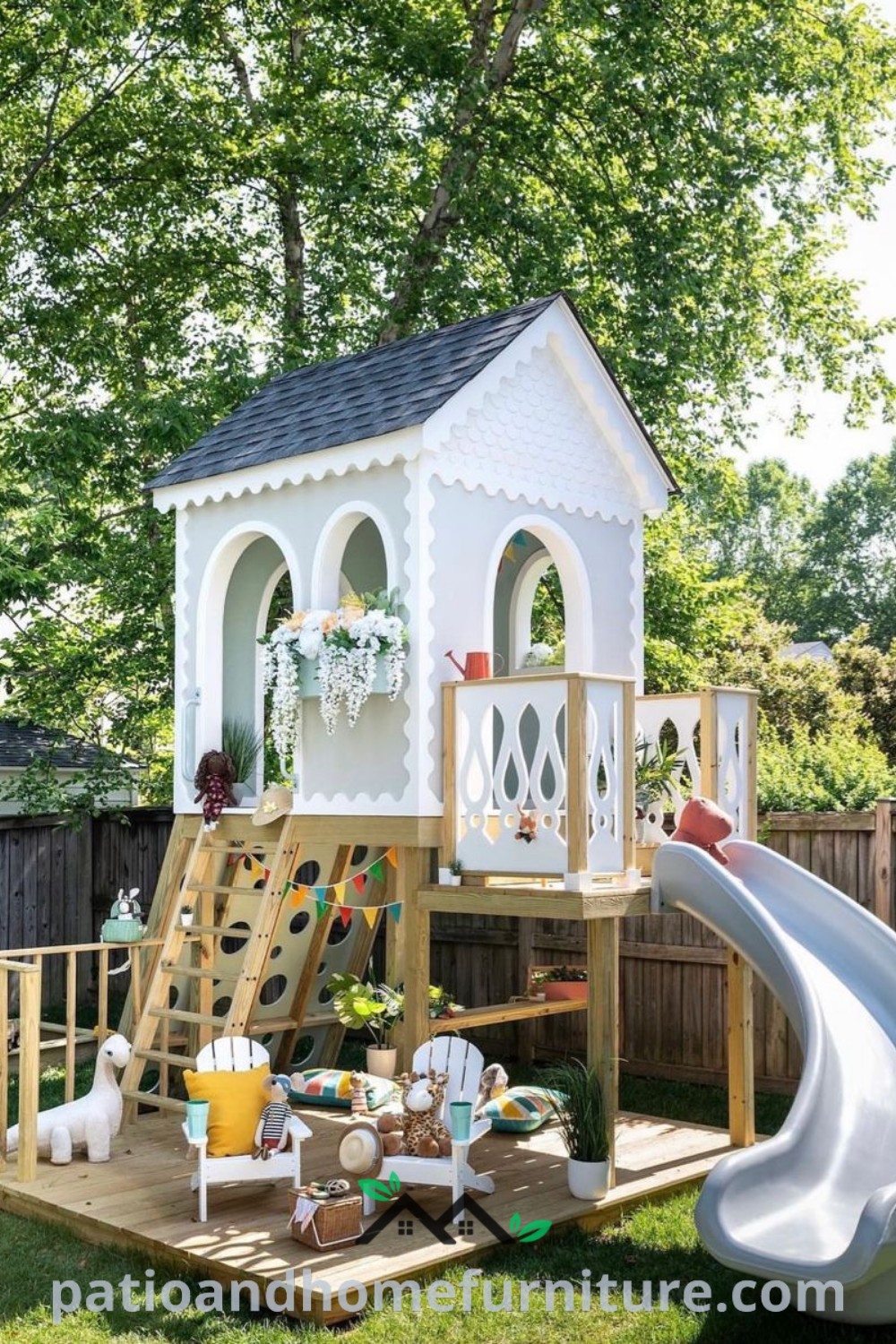 A cozy backyard featuring a vibrant playhouse and a slide, creating an inviting outdoor play space for children to enjoy, with inspiring design ideas for creating a fun and adventurous environment. Visit wellnesswink.com for more decor inspirations.