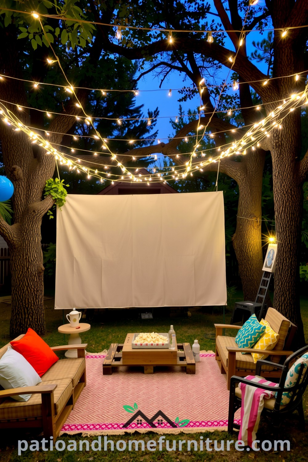 Cozy backyard cinema under fairy lights with a wooden pallet screen, mismatched lounge chairs, and colorful cushions, creating an inviting atmosphere perfect for outdoor gatherings. Unique ideas for your home, decor inspirations found at fireplacesandwoodstoves.com.