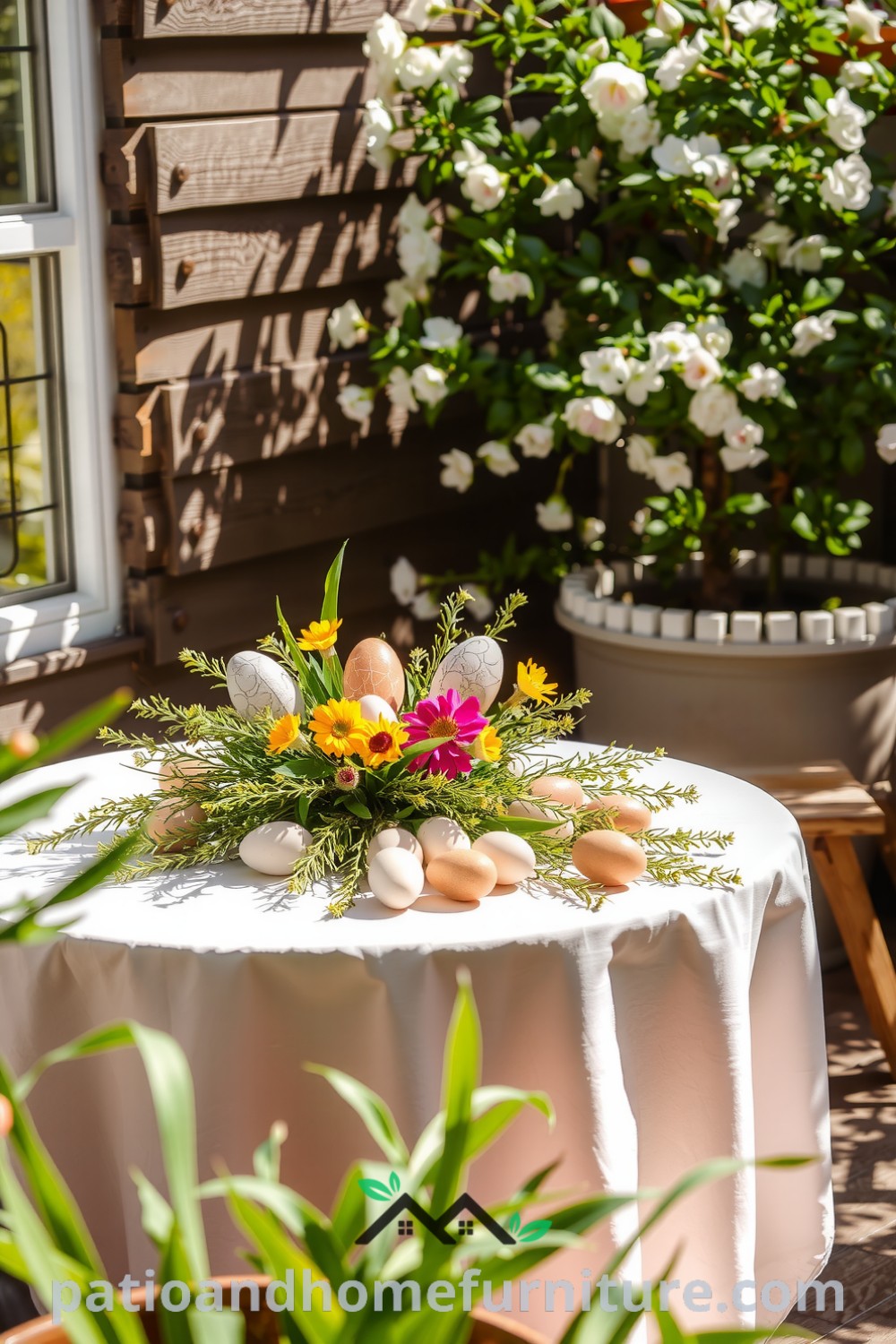 Cozy Easter patio decor featuring a wooden table with a pastel tablecloth, hand-painted eggs, and clusters of spring flowers under a gentle breeze, creating an inviting atmosphere for celebrations on fireplacesandwoodstoves.com.