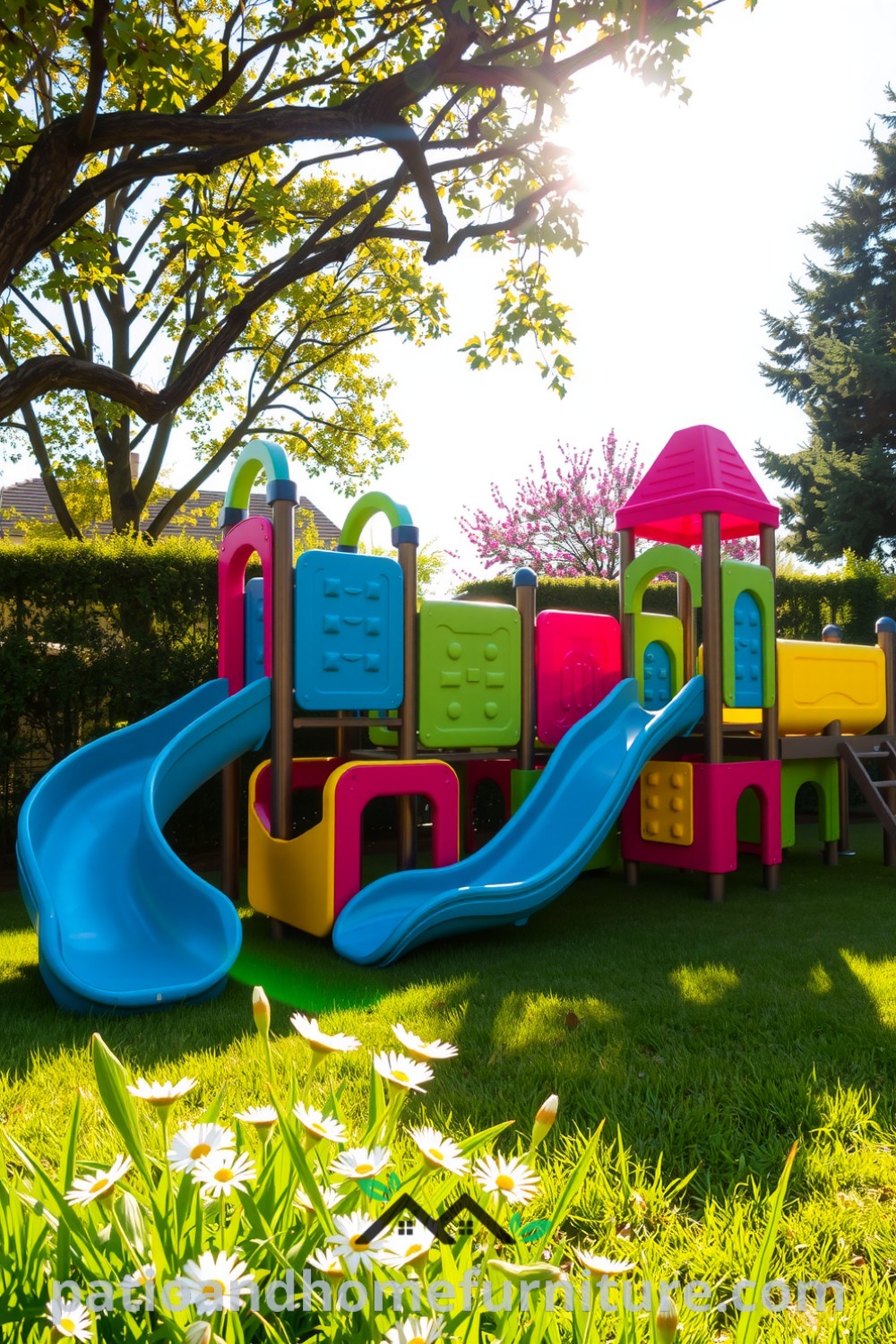Bright modular plastic playground in a backyard, surrounded by green grass and trees, featuring worn climbing walls and shiny slides, complemented by swaying daisies, creating a joyful and inviting atmosphere, with ideas for unique decor aspirations for your home at fireplacesandwoodstoves.com.