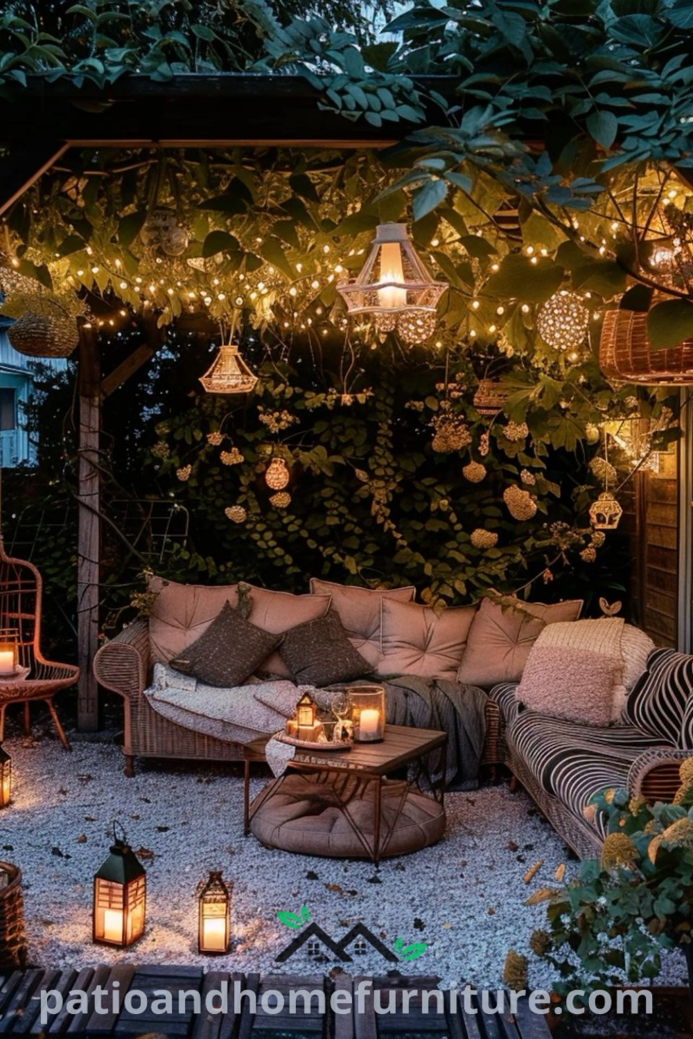 Outdoor seating area featuring string lights, cozy decor ideas, and inviting cushions, creating a romantic atmosphere for intimate gatherings and relaxation, inspiring unique ideas for your home at wellnesswink.com.