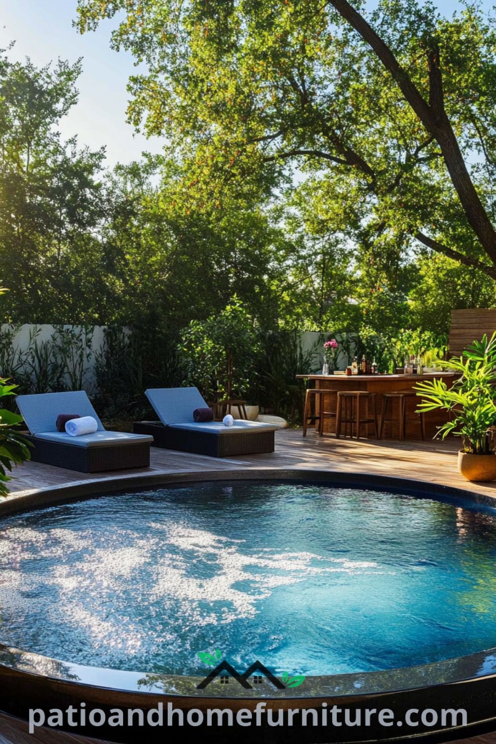 Elegant above ground pool oasis featuring a spacious wooden deck and rustic bar from patioandhomefurniture.com, with beautiful above ground pool ideas and lush greenery enhancing the inviting atmosphere.