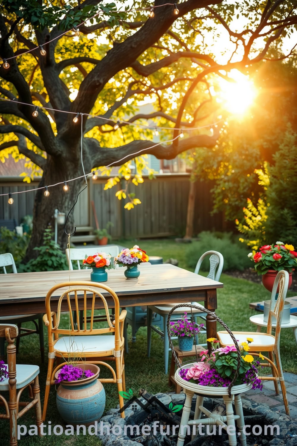 Cozy backyard gathering space featuring a rustic wooden table with mismatched chairs, vibrant flower pots, and a stone fire pit under twinkling fairy lights, perfect for inspiring cozy home design ideas for friendly gatherings. Visit fireplacesandwoodstoves.com for more cozy inspirations.